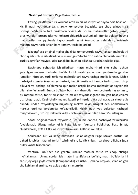 chun ishlatiladi va u minutiga o‘rtacha 130 sahifa chiqarishi mumkin. turli rizograflar mavjud. ular rangli boiib, chop qilishda turlicha tezlikka ega. nashriyot sohasida ishlatiladigan matn muharrirlari shu soha uchun yaratilgan maxsus dasturlar bo‘lib, kichik nashriyotlar ular yordamida gazeta-jumallar, kitoblar, turli reklama mahsulotlari tayyorlashga mo‘ljallangan. kichik nashriyot shaxsiy kompyuter dasturiy texnik vositalari hamda turli- tuman chop qiluvchi va boshqa qo‘shimcha qurilmalar orqali bosma mahsulotlar tayyorlash bilan shug‘ullanadi. bunda bo‘lajak bosma mahsulotlar kompyuterda tayyorlanib, bu matnni terish, tahrir qilishdan to maket tayyorlashgacha bo‘lgan bosqichlami o‘z ichiga oladi. keyinchalik maket lazerli printerda bitta asl nusxada chop etib olinadi, undan tayyorlangan hujjatning maketi keyin rizograf deb nomlanuvchi maxsus qurilma yordamida ko‘paytiriladi. kichik nashriyot bulardan tashqari muqovalovchi, broshyuralovchi va kesuvchi qurilmalar bilan ham ta’minlangan. sifatli original-maket tayyorlash uchun bir qancha nashriyot tizimlaridan foydalanadi. ularga misol qilib page maker, ventura publisher, post script, quarkxpress, tex, latex nashriyot tizimlarini keltirish mumkin. shulardan biri va keng miqyosda ishlatiladigani …