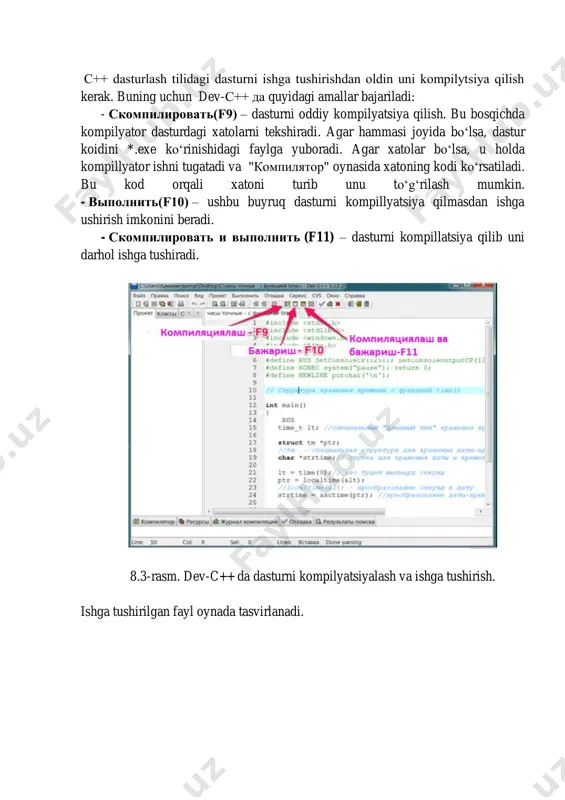 r natijasining konsol oynasida ko o‘rinishi. 8.2. alfavit, identifikator, xizmatchi so‘zlar. c++ alfavitiga quyidagi belgilar kiradi: • katta va kichik lotin alfaviti xarflari (a,b,..,z,a,b,…,z) • arab raqamlari: 0,1,2,3,4,5,6,7,8,9 • maxsus belgilar: “ , {} | [] () + - / % \ ; ‘ . : ? _ ! & * # ~ ^ • ko‘rinmaydigan belgilar (“bo‘shliq belgilari”). izohlarda, satrlarda va belgili o‘zgarmaslarda boshqa belgilar, masalan rus xarflarini ishlatilishi mumkin. identifikator. identifikatorlar lotin xarflari,ostki chiziq belgisi va sonlar ketma –ketligidan iborat bo‘ladi. identifikator lotin xarfidan yoki ostki chizish belgisidan boshlanishi lozim. misol uchun: a1, _max, adress_01, rim, rim. katta va kichik xarflar farqlanadi, shuning uchun oxirgi ikki identifikator bir biridan farq qiladi. xizmatchi so‘zlar. dsturchi tomonidan o‘zgaruvchilar nomlari sifatida ishlatish mumkin bo‘lmagan identifikatorlar xizmatchi so‘zlar deyiladi. c ++ tilida quyidagi xizmachi so‘zlar mavjud: int, extern, else, char, register, for, float, type, def, do, double, static, while, struct, goto, switch, …