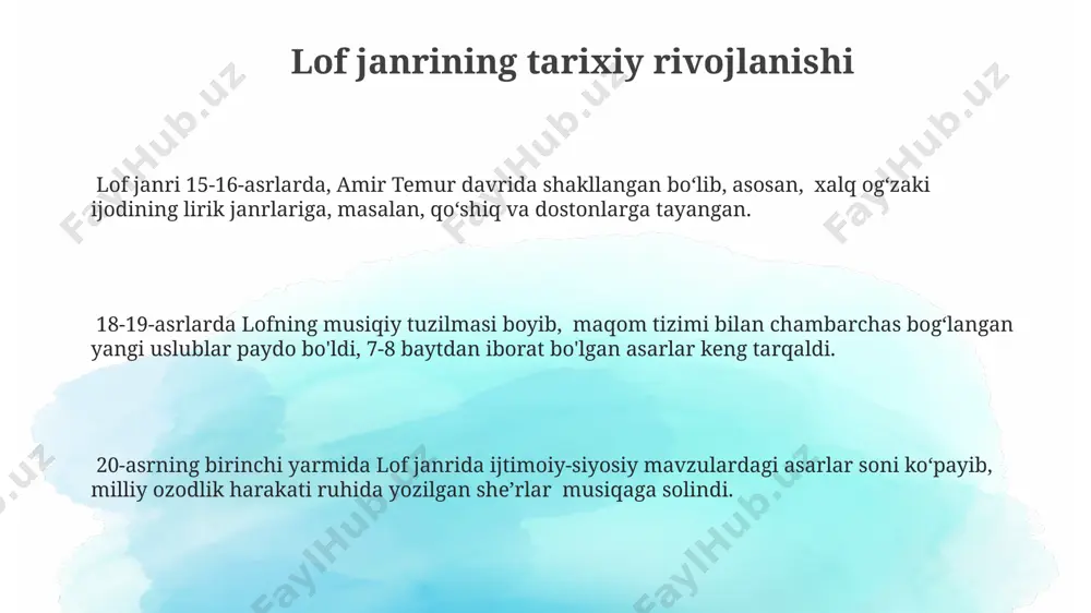 kiy va latifa janrlarining ikkalasida ham, 5-7 baytdan iborat bo'lgan qisqa hajmdagi she'riy shakllar ustunlik qiladi, ular sodda va tushunarli til bilan ifodalanadi. askiy va latifa janrlarida xalq og'zaki ijodining obrazli vositalari, masalan, taqqoslash va metafora kabi usullar, taxminan teng miqdorda qo'llaniladi. askiy, latifa va lof janrlarining farqlari lof janri esa, ko'pincha 10 dan ortiq qatorli bo'lib, hazm qilish uchun murakkab satirik yoki ironiy ma'noga ega va hazil elementlari bilan boyitilgan. latifa, 5-10 qatorli bo'lib, voqeaga asoslangan kulgili hikoya tarzida bayon etiladi, askiyga nisbatan murakkabroq tuzilishga ega va kulgili natijaga ega. askiy, asosan, 2-3 qatordan iborat bo'lib, latifa va loflardan farqli ravishda, qisqa va sodda hazilga ega, fikrni 1-2 so'z bilan ifodalaydi. lof janrining o'ziga xos xususiyatlari lof janrida qofiyalar soni 2 dan 4 tagacha bo‘lib, asosan aaaa yoki aaba sxemasi qo‘llaniladi, bu esa she’rga o‘ziga xos musiqiylik bag’ishlaydi. lof she’rlarining o‘ziga xos xususiyati – sodda va ravon til, 2-3 …
