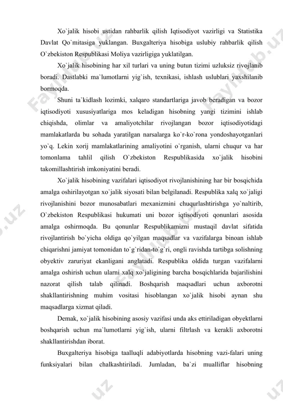 isodiyoti qonunlari asosida amalga oshirmoqda. bu qonunlar respublikamizni mustaqil davlat sifatida rivojlantirish bo`yicha oldiga qo`yilgan maqsadlar va vazifalarga binoan ishlab chiqarishni jamiyat tomonidan to`g`ridan-to`g`ri, ongli ravishda tartibga solishning obyektiv zaruriyat ekanligani anglatadi. respublika oldida turgan vazifalarni amalga oshirish uchun ularni xalq xo`jaligining barcha bosqichlarida bajarilishini nazorat qilish talab qilinadi. boshqarish maqsadlari uchun axborotni shakllantirishning muhim vositasi hisoblangan xo`jalik hisobi aynan shu maqsadlarga xizmat qiladi. demak, xo`jalik hisobining asosiy vazifasi unda aks ettiriladigan obyektlarni boshqarish uchun ma`lumotlarni yig`ish, ularni filtrlash va kerakli axborotni shakllantirishdan iborat. buxgalteriya hisobiga taalluqli adabiyotlarda hisobning vazi-falari uning funksiyalari bilan chalkashtiriladi. jumladan, ba`zi mualliflar hisobning vazifalariga xo`jalik mablag`larining hara-katini aks ettirish, xo`jalik faoliyatining natijalarini aniqlab topish, hisobot tuzish va shu kabilarni kiritishadi. boshqacha qilib aytganda, ular hisobning vazifalari deganda, hisobning o`zini ang-latadigan va hisobning o`zi tomonidan bajariladigan uning funk-siyalarini tushunishadi. hisobning vazifalarini bunday tushunish mutlaqo noto`g`ridir. agar hisobning vazifalariga uning funksiya-lari kiritilsa, unda ularga hujjatlarni tuzish, hisob …