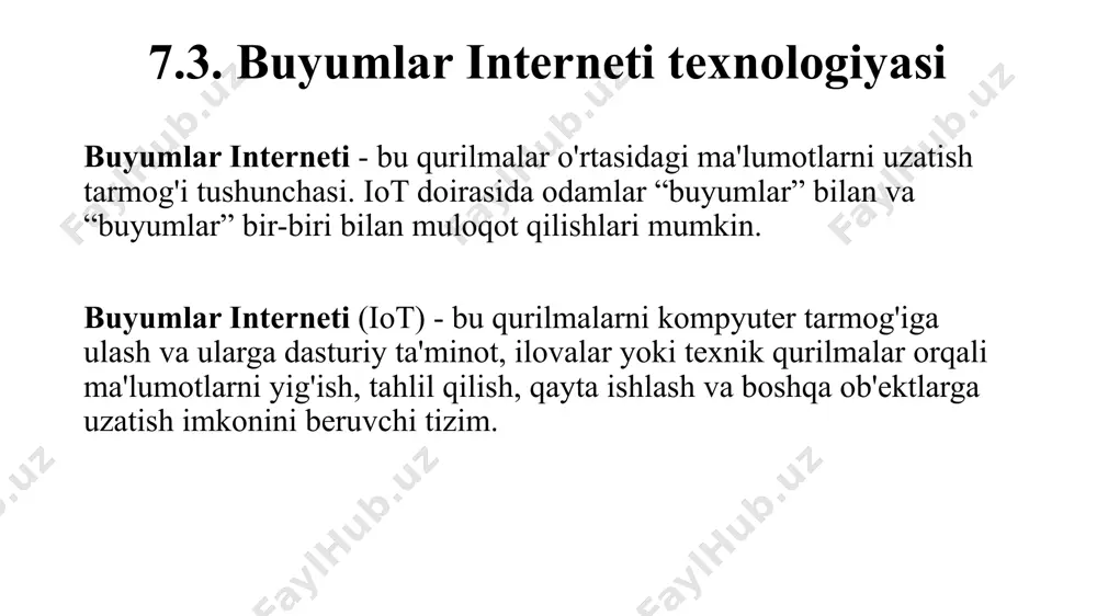 protokollar, apparat mustaqilligi, xavfsizlik, samaradorlik, xarajat. 5) xavfsizlik buyumlar interneti tizimlari muhim biznes qiymatiga ega bo'lishi bilan bir vaqtda, aqlli ob'ektlar ham kiber jinoyatchilikka qarshi himoyasiz bo'lib qoladi, buning natijasida ma'lumotlar, shu jumladan maxfiy ma'lumotlar buzilishi mumkin. xavfsizlik masalasi bo'yicha ish maydoni juda katta bo'lib qolsa-da, endi buyumlar internetini yanada ishonchli joylashtirishga imkon beradigan yechimlar mavjud. masalan, eski qurilmalarning dasturiy ta'minotining yangilash uchun avtomatik yangilashning samarali strategiyalari mavjud. sota (software over the air) tufayli havo orqali yangilash va fota (firmware over the air) havo orqali dasturiy ta'minot, ulangan qurilmalar dasturiy ta'minoti va sozlamalari simsiz aloqa orqali yangilanishi mumkin. qo'llash sohalari tibbiy buyumlar interneti. masalan, diagnostika asboblari, bemorlarning holatini kuzatish uchun uskunalar, dori-darmonlarni hisobga olish tizimlari va boshqalar. tumanli hisoblash va bulutli buyumlar interneti. tumanli hisoblash - bulutda emas, balki kompyuterlar va smartfonlar kabi mahalliy tarmoq qurilmalarida ma'lumotlarni qayta ishlaydigan texnologiya. shunday qilib, hisoblashlar tezroq sodir bo'ladi. mobil buyumlar interneti - …