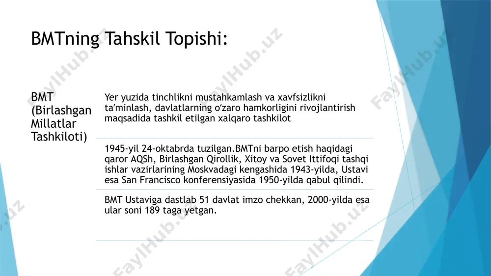 quqlariga bag'ishlangan butunjahon yoshlar anjumani, diniy erkinlik masalalari bo'yicha mintaqaviy konferentsiyalarni o'tkazamiz. birlashgan millatlar tashkiloti bosh assambleyasining rezolyutsiyasi bilan har yili 30 iyul` – xalqaro do'stlik kuni sifatida keng nishonlanadi. shu bois ushbu sanani o'zbekistonda “xalqlar do'stligi kuni” deb belgilashni taklif etaman... qo'shni davlatlar va jahon jamoatchiligi bilan birgalikda orol dengizi halokati oqibatida yuzaga kelgan ekologik fojialar ta'sirini yumshatishga qaratilgan harakatlarni qat'iy davom ettiramiz. dengizning qurigan tubida yuz minglab gektar o'rmon va butazorlar tashkil etilayotgani, orolbo'yi hududlarida amalga oshirilayotgan ulkan qurilish va obodonchilik ishlari xalqimizni yuksak marralar sari ruhlantirmoqda. bu borada birlashgan millatlar tashkiloti bilan hamkorlikda tuzilgan orolbo'yi mintaqasida inson xavfsizligini ta'minlash bo'yicha ko'p tomonlama trast fondi doirasidagi amaliy ishlarni yanada kuchaytiramiz...”, deb alohida ko'rsatib o'tganligi o'zbekistonning bmt doirasidagi xalqaro tashabbuslarida yangi tendentsiyalarni namoyon qildi. bmtdagi inson huquqlari: ta'kidlash joizki, 2020 yil 13 oktyabr kuni bmt bosh assambleyasi sessiyasida o'zbekiston milliy davlatchiligimiz tarixida ilk bor bmtning inson huquqlari bo'yicha kengashi …