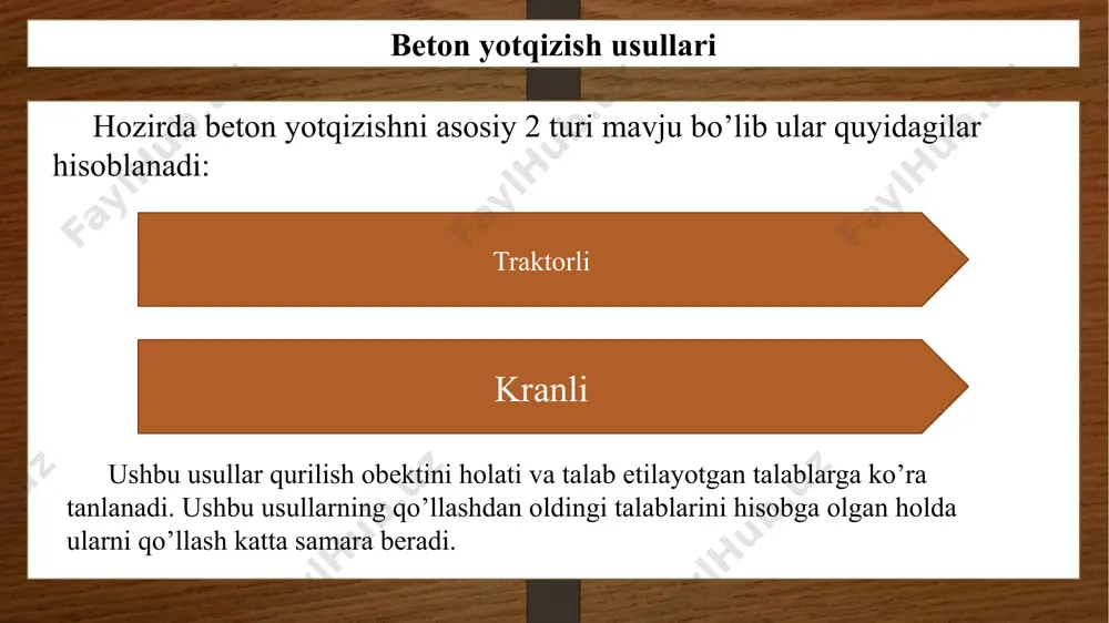 yasi kamchiliklari ushbu usul ko’pincha katta hajmdagi ishlarni bajarishga mo’ljallangani sababli ushbu texnologiyani kichik ishlarga qo’llash katta sarf harajatlarga sabab bo’lishi mumkin. xulosa traktorli usulda betonni qoliplarga quyishni asosan yo’llar holati u darajada yaxshi bo’lmagan joylarga qo’llash katta samardorlikga sabab bo’lishi mumkin. traktorli beton yotqizishni keng qamrovda qo’llashni imkoniyati mavjud emasligi sababli uni asosan kichik hajmli ishlarga qo’llash kerak. betonni qoliplarga quyishni to’g’ri tashkil etish orqali beton ishlariga sarflanadigan sarf harajatlar keskin ortib ketishi mumkin. shu sababli traktor yordamida betonni quyish usulini tanlashdan oldin ushbu usulning afzallik va kamchiliklari bilan tanishib chiqish va betonni quyishni tog’ri texnologiyasini tanlash talab etiladi. foydalanilgan adabiyotlar g‘.t. davronov l.x. irmuxamedova “gidromeliorativ ishlarni tashkil etish” toshkent «iqtisod-moliya» 2016-yil www.ziyonet.uz www.lenstroydetal.ru www.ravchan.ru image5.png image6.png image7.png media1.3gp image8.png image9.jpg image10.jpg image11.jpg image12.jpg image3.png image4.png