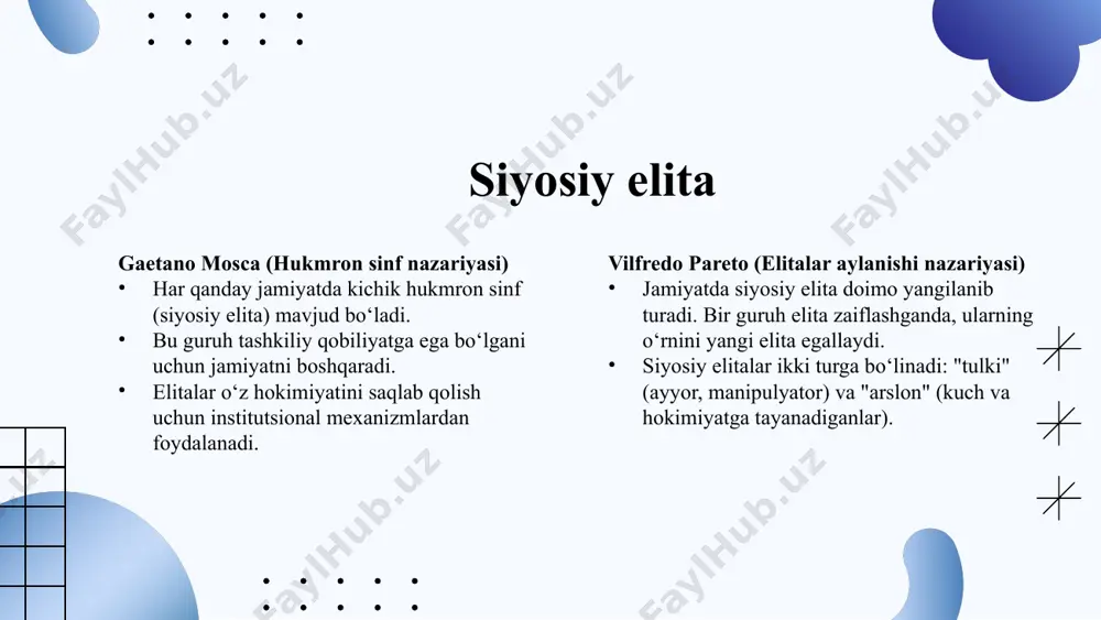 n. demokratik tamoyillar bilan zid:elitarizm keng ommaning siyosiy hayotdagi ishtirokini cheklaydi, bu esa demokratiyaning zaiflashishiga sabab bo‘ladi. elitarizm va elitizmga oid nazariyalar va olimlarning fikrlari gaetano mosca (hukmron sinf nazariyasi) har qanday jamiyatda bir guruh elitaga ega bo‘lish tabiiy jarayon. bu hukmron sinf jamiyatni boshqaradi va resurslarni nazorat qiladi. robert michels (oligarxiya temir qonuni) demokratik tizimlar ham vaqt o‘tishi bilan elitarizmga aylanadi, chunki hokimiyat ozchilikning qo‘lida to‘planib boradi. vilfredo pareto (elitalar aylanishi) jamiyatda doimo yangi elita avlodi eski elitaning o‘rnini egallaydi. bu jarayon "elita aylanishi" deb nomlanadi. karl mannheim: boshqaruvchi intellektual elita jamiyatni boshqarishda madaniy va intellektual elitalar muhim rol o‘ynaydi. robert michels: oligarxiya temir qonuni har qanday tashkilot yoki siyosiy tizim vaqt o‘tishi bilan ozchilik tomonidan boshqariladigan tizimga (oligarxiya) aylanadi. c. wright mills: hokimiyat elitalari nazariyasi millsning fikricha, zamonaviy jamiyatlarda hokimiyat siyosiy, iqtisodiy va harbiy sohalardagi kichik elita guruhlar qo‘lida to‘plangan. foydalanilgan adabiyotlar https://arxiv.uz/uz/documents/referatlar/siyosatshunoslik/siyosiy-elita-va-siyosiy-yetakchilik biturayev о4. в. siyosatshunoslikka kirish …