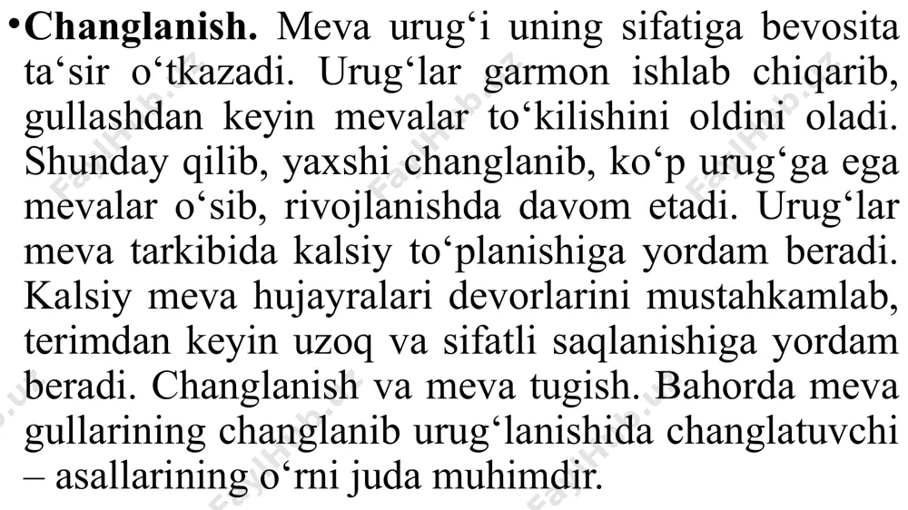 ashtiriladi. quyosh nurlari yaxshi tushadigan joyda asalari oilasi 50 % ko‘p uchadi. uyalarning chiqish joyi sharq, g‘arb va shimolga qarab taqsimlanib joylashtirish tavsiya etiladi. shunda, turli ob-havo sharoitlarida arilar uchun noqulayliklar kamayadi. bog‘ning chuqurroq joyiga uyalarni joylashtirmang. uyalar tagiga taxta qo‘yib, yerdan ko‘tarish zaxdan uyalarni uzoqlashtiradi. uyalarni bog‘ning o‘rtasiga joylashtiring. arilar uyadan chiqib, turli tomonlarga uchadi. agar uyalar bog‘ chetlariga qo‘yilsa, arilar qo‘shni bog‘larga o‘tib ketishi mumkin. ari uyalarini bog‘ga olib kelish vaqti. birinchi gullar ochilish davrida uyalarni bog‘ga olib keling. birinchi gullar eng sifatli mevalarni hosil qilishini hisobga olib, bu ish amalga oshiriladi. agar gullar ochilishidan avval olib kelsangiz, arilar boshqa begona gullarga o‘rganib qolishi mumkin. asalarilar suv ichadi, shu sababli ularga suv yetarli bo‘lishi kerak, aks holda ular meva gullariga qo‘nish o‘rniga suv axtarib ketadi. changlatuvchi navlar (daraxtlar). mevali bog‘larni tashkil etishda changlatuvchi navlarni ekish juda muhim. changlatuvchi navlar asosiy navlar bilan bir vaqtda gullashi shart. changlatuvchi nav …
