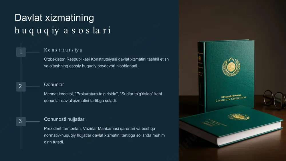 o xususiyat davlat xizmati instituti tarmoqlararo xususiyatga ega boʻladi. u konstitutsiyaviy huquq, maʼmuriy huquq, mehnat huquqi kabi huquq tarmoqlari bilan tartibga solinishi mumkin. davlat xizmatining turlari d a v la t f u q a r o lik x iz m a t i bu tur davlat organlarida fuqarolar tomonidan amalga oshiriladigan professional faoliyatni oʻz ichiga oladi. davlat maxsus xizmati bu tur maxsus vakolatli davlat organlarida amalga oshiriladigan xizmatni nazarda tutadi. davlat xizmatiga kirish h u q u q i ko n s t it u t s iy a v iy h u q u q oʻzbekiston respublikasi konstitutsiyasining 37-moddasi fuqarolarning davlat xizmatiga kirishda teng huquqqa ega ekanligini kafolatlaydi. qonuniy asoslar turli qonunlar, jumladan mehnat kodeksi, fuqarolarning davlat xizmatiga kirish va oʻtash huquqlarini belgilaydi. amaliy jarayon davlat xizmatiga kirish jarayoni shaffof va adolatli tanlov asosida amalga oshiriladi. davlat xizmatini tartibga soluvchi qonunlar qonun nomi tartibga solish sohasi mehnat kodeksi …