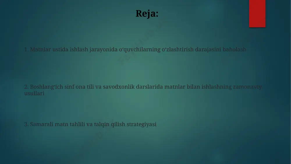 arning mustaqil oʻqish va tahlil qilish koʻnikmalarini rivojlantirish uchun 5-7 yoshdagi bolalarga moslashtirilgan 3-5 ta topshiriqdan iborat individual topshiriqlarni muntazam berish samarali. har bir darsda kamida 15-20 minut mustaqil ishga ajratish va turli xil matnlar (hikoya, she’r, topshiriqlar) bilan ishlashni oʻz ichiga olgan diversifikatsiyalangan yondashuvni qoʻllash muhim. badiiy adabiyot bilan tanishtirish va adabiy didni shakllantirish бадиий адабиёт билан танишишда 5-7 ёшли болаларга ёрқин рангли расмли китоблардан фойдаланиш, уларнинг эмоционал идрок этишини ривожлантиришга ёрдам беради. адабий дидни шакллантиришда турли жанрдаги (3-4 та) адабий асарларни мутолаа қилиш, уларни таҳлил қилиш ва муҳокама қилиш мавзусига алоҳида эътибор бериш лозим. matnlarni dramatizasiya qilish va rollarni oʻynash dialogik matnlarni dramatizasiya qilish orqali bolalar 10-15 daqiqa davomida diqqatni jamlash va rolga kirishish ko'nikmalarini oshiradilar, bu esa mustaqil fikrlashni rivojlantiradi. matnlarni dramatizasiya qilish orqali 5-7 yoshli bolalar 2-3 ta asosiy personajlarni osongina ifodalay oladilar, bu esa nutq va ijtimoiy ko'nikmalarini rivojlantirishga yordam beradi. oʻquvchilarning ijodiy yozuv koʻnikmalarini …