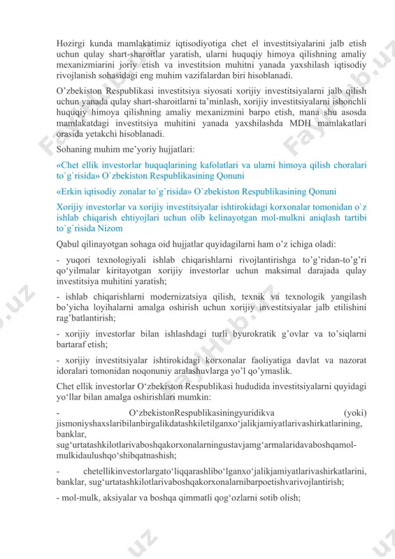 ig’i. keyingi qo’shilgan xarajatlar tushunchas. xarajatlarni minimallashtirish qoidasi. qisqa va uzoq muddatli davrda ishlab chiqarish xarajatlari. ishlab chiqarish miqyosining ijobiy samarasi. tannarx tushunchasi. korxona (firma) ning pul tushumlari va foydasi. xarajatlar va daromadlar yegri chizig’i. zarar ko’rmaslik nuqtasi. umumiy foyda. foydaning tarkib topish bosqichlari. foyda miqdoriga ta’sir ko’rsatuvchi omillar. yalpi foydaning taqsimlanishi. iqtisodiy foyda va buxgalteriya foydasining farqlanishi. sof foyda. foyda normasi va massasi hamda ularni hisoblash. foyda normasiga ta’sir ko’rsatuvchi omillar. o‘zbekiston respublikasining investitsiya siyosati hozirgi kunda mamlakatimiz iqtisodiyotiga chet el investitsiyalarini jalb etish uchun qulay shart-sharoitlar yaratish, ularni huquqiy himoya qilishning amaliy mexanizmiarini joriy etish va investitsion muhitni yanada yaxshilash iqtisodiy rivojlanish sohasidagi eng muhim vazifalardan biri hisoblanadi. o’zbekiston respublikasi investitsiya siyosati xorijiy investitsiyalarni jalb qilish uchun yanada qulay shart-sharoitlarni ta’minlash, xorijiy investitsiyalarni ishonchli huquqiy himoya qilishning amaliy mexanizmini barpo etish, mana shu asosda mamlakatdagi investitsiya muhitini yanada yaxshilashda mdh mamlakatlari orasida yetakchi hisoblanadi. sohaning muhim me’yoriy hujjatlari: …