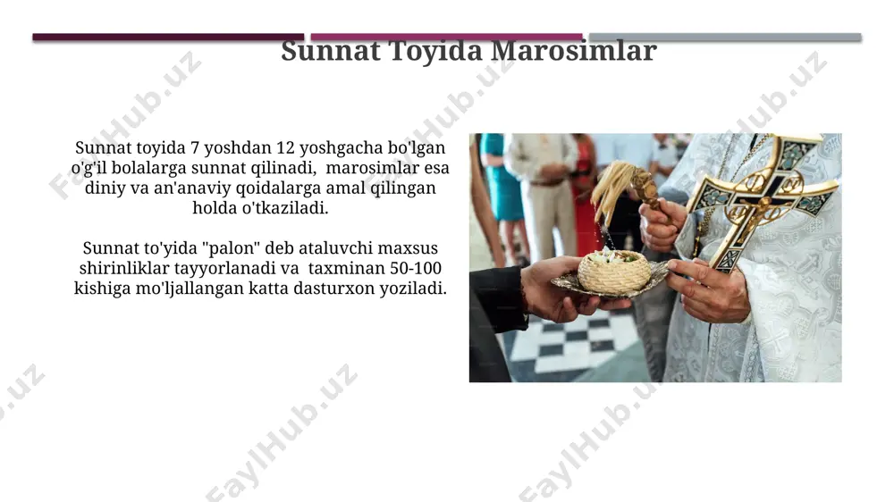 mcha ma’lumotlar kelin salomlashuv marosimi “quyosh” bayrami munosabati bilan, uyga kelganda 12 ta taom bilan kutib olinadi, bu boylik va mo'l-ko'llik ramzi. nikoh marosimlarida, qiz tomon 7 ta to'ylikni (yostiq, choynak, dasturxon va boshqalar) olib keladi, bu boylik va farovonlik ramzi hisoblanadi. e'tiboringiz uchun rahmat @taqdimot_robot image1.jpg image2.jpg image3.jpg image4.jpg image5.jpg image6.jpg image7.jpg image8.jpg image9.jpg image10.jpg image11.jpg image12.jpg image13.jpg image14.jpg image15.jpg image16.jpg image17.jpg