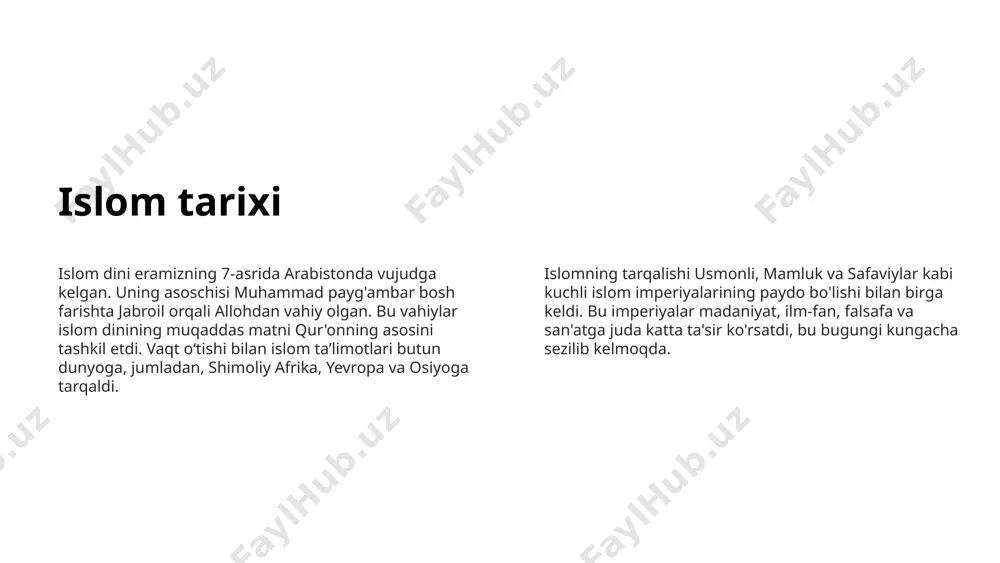 islom o'z ichiga sunniylik, shialik va so'fiylik kabi turli oqimlarni o'z ichiga oladi, ularning har biri o'z qarashlari va amaliyotiga ega. bu harakatlar qur'on va hadislarning turli talqinlaridan kelib chiqqan bo'lib, musulmon an'analarining madaniy boyligi va rang-barangligini keltirib chiqaradi. qiyinchiliklar zamonaviy islom jamoalari globallashuvga moslashish, boshqa madaniyatlar bilan o‘zaro munosabat va ekstremizm va diskriminatsiya kabi inqirozlarga javob berish zarurati kabi qator muammolarga duch kelmoqda. islom global kontekstda 1 2 3 global ta'sir islom dunyo madaniyati va sivilizatsiyasiga katta ta’sir ko‘rsatdi. hissa islom fani, matematika, tibbiyot va falsafa jamiyatga muhim hissa qo‘shgan. yaqinlashish islom xalqaro munosabatlar va madaniyatlar muloqotining muhim elementiga aylanib bormoqda. islom kelajagi 1 2 3 istiqbollar islom taraqqiyoti va yangi sharoitlarga moslashishi davom etadi. uyushma islomning kelajagi musulmonlar o'rtasida ko'proq birdamlikni va madaniyatlar o'rtasidagi kuchli muloqotni olib kelishi mumkin. umid qilamizki islom dinining dunyoda ahamiyati tobora ortib, tinch-totuv yashashga yordam beradi. keyingi slaydda video qqisqa videodarslikni ko’ramiz xulosa …