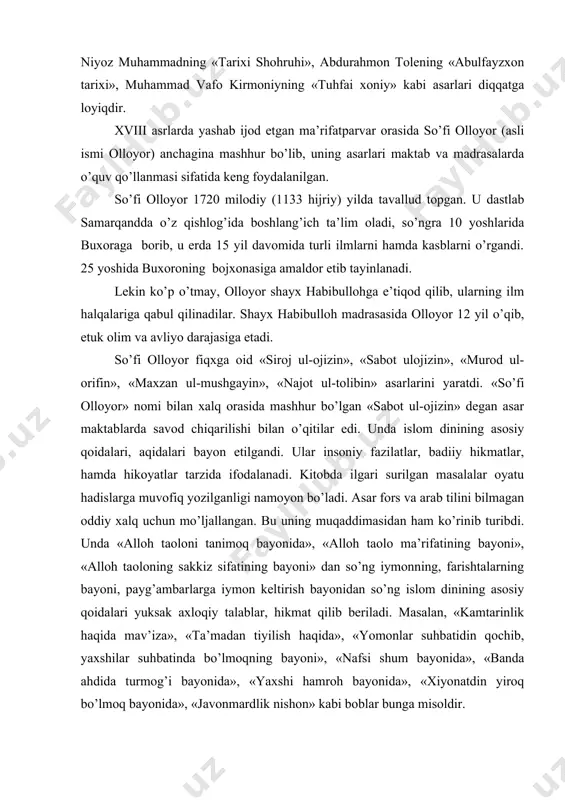 ining bayoni», «alloh taoloning sakkiz sifatining bayoni» dan so’ng iymonning, farishtalarning bayoni, payg’ambarlarga iymon keltirish bayonidan so’ng islom dinining asosiy qoidalari yuksak axloqiy talablar, hikmat qilib beriladi. masalan, «kamtarinlik haqida mav’iza», «ta’madan tiyilish haqida», «yomonlar suhbatidin qochib, yaxshilar suhbatinda bo’lmoqning bayoni», «nafsi shum bayonida», «banda ahdida turmog’i bayonida», «yaxshi hamroh bayonida», «xiyonatdin yiroq bo’lmoq bayonida», «javonmardlik nishon» kabi boblar bunga misoldir. bu davrda ijod etgan fazliy namangoniy, mushrif, mushfiqiy, farog’iy taxallusi bilan ijod qilgan turdi, mahmud, gulxaniy, mohlaroyim (nodira), shermuhammad munis va ogahiy, sayid muhammad oxund, yaxyo, davlat mamed ozodiy (maxtumqulining otasi), kiromiy, mulla shermuhammad, akmal, muhammad aminxoja kosoniy, mavlono nodirlar o’z zamonasining zabardast siymolari edilar. masalan, mushfiqiy buxoro amiri abdullaxon saroyida «malik ush-shuaro» unvoniga ega bo’lgan bo’lsa, fazliy namangoniy qo’qon shoirlariga boshchilik qilgan. umarxonning topshirig’i bilan fazliy va mushrif tomonidan «majmuat ush-shuaro» to’plami tuziladi. bu davrda ko’plab me’morchilik obidalari quriladi. xudoyorxonning qo’qonda qurdirgan saroy arki, samarqand, buxoro va xivadagi …