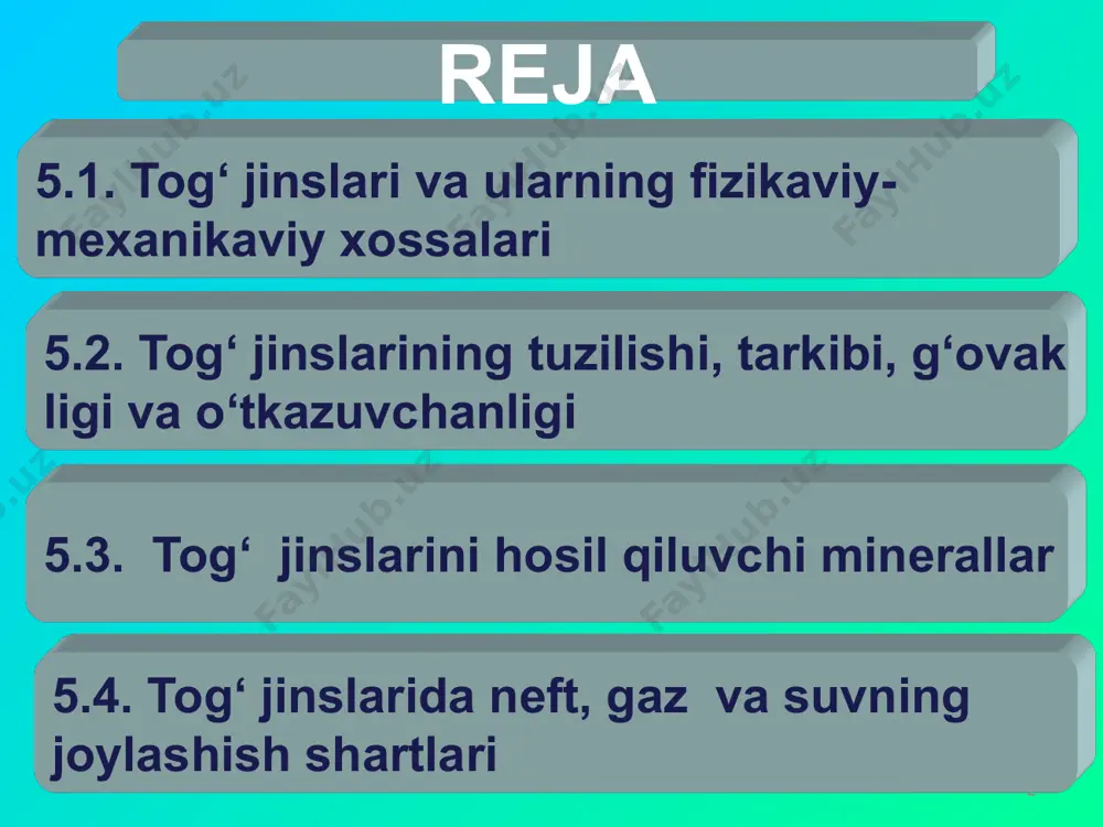 da va gohida quruqliklarda tо‘planadi. ximogen jinslar kimyoviy tarkibi bо‘yicha turlicha bо‘ladi. kelib chiqishiga kо‘ra gillarning ham katta qismi kimyoviy jinslarga kiradi. gillardagi gilli minerallarning о‘lchamlari 0,005 mm dan oshmaydi; diagenez bosqichini kechirgan gillar argillitlar deyiladi. organogen jinslar asosan chig‘anoqlar yoki oddiy organizmlarning skeletlarini bо‘laklaridan tashkil topgan turli ohaktoshlar va kremniyli jinslardan iborat. ularga yonuvchi slanslar, neft va boshqalar kiradi. ularning hosil bо‘lishida kimyoviy jarayonlar katta rol о‘ynaydi, lekin neft organik yо‘l bilan hosil bо‘ladi piroklastik jinslar (grekcha: «pir»–olov, «clastikos»-maydalangan) genetik jihatdan magmatik jarayonlar bilan bog‘liq, hosil bо‘lishi va tashqi kо‘rinishiga kо‘ra chо‘kindi jinslar guruhiga kiradi. chо‘kindi jinslarning bо‘laklari turgan joyida vaqt о‘tishi bilan tо‘plangan har bir bо‘lak orasiga erigan ohak yoki gil kirib, ularning birini ikkinchisi bilan biriktiradi. biriktiruvchi (sementlovchi) modda har xil: gilli, temirli, ohakli, kremniyli, fosforitli va aralash (gilli-ohakli) modda bо‘lishi mumkin. chо‘kindi jinslarning tavsiflashda ularning sementlovchi qismi aniqlanadi. jinsning zichligi, qattiqligi va tuzilishi uning sementlovchi qismga …