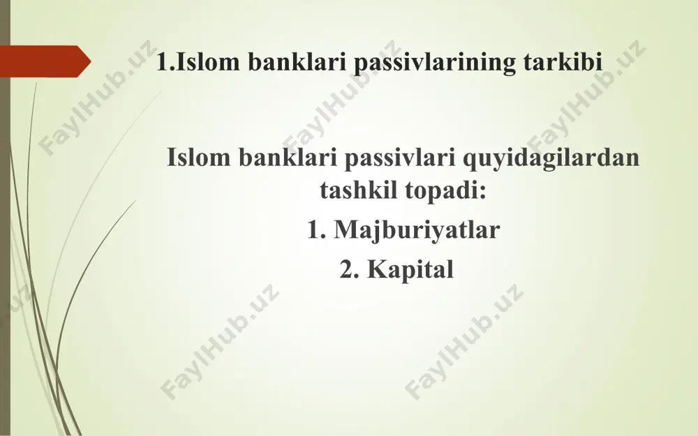 venture capital cycle’, paper presented for research seminar on ‘non-bank financial institutions: islamic alternatives’(kuala lumpur: malaysia, march 1–3, 2004). 5.е.а.байдаулет. ислмоий молия асослари. рус тилидан ботирхўжа жўраев таржимаси. ҳусан ҳасановнинг умумий таҳрири остида. “ўзбекистон” нмиу, 2019. internet: https://www.gazeta.uz/oz/2019/05/07/zakot-fitr/ https://www.dib.ae/ mustaqil ish mavzulari 1.islom banklarining yuzaga kelish sabablari va zarurligi 2.islom banklari faoliyatini tashkil etishning iqtisodiy-xuquqiy asoslari 3.islom banklarinnig jahona bank tizimida tutgan roli 4.islom banklarning resurslarini shakllantirish manbalari 5. islom banklarida sukuklarning o’rni 6. islom banklarining zakot uylarining vazifalari 7. islom banklari passivlarining ananaviy bank passivlaridan farqliy jihatlari e’tiboringiz uchun raxmat!