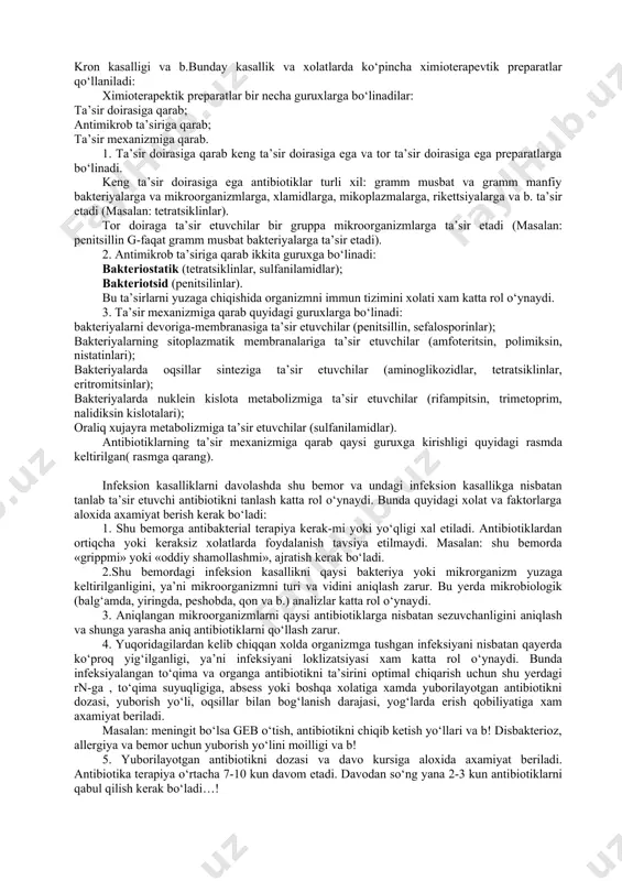 ratib olish kerak bo‘ladi. chunki xar-bir infeksion kasallikni yuzaga chiqaruvchi shu kasallikni induvidial mikroorganizmi mavjud. xususan, biz sizlar bilan ba’zi infeksion kasalliklarni patogenezini, kechimini, klinik simptomlarini, nojo‘ya ta’sirlarini va ularning farmakoterapiya asoslarini ko‘rib o‘tdik. masalan: gepatit, virusli gepatit, amyobniy dizenteriya va b. xali sizlar bilan tuberkulez, zaxm, moxov va b. infeksion kasalliklarni xam o‘tamiz. bu kasalliklarni yuzaga chiqaruvchi o‘ziga xos induvidual mikroorganizmlari borligi xam sizlarga ma’lum. shuning uchun xam yuqori temperaturani (umuman bemor xaroratini) yuzaga chiqishida asosiy rol o‘ynovchi ko‘pdan-ko‘p kasalliklarni anamnez, analiz, kasallikni kelib chiqishi va kechimiga qarab infeksion kasalliklar qatoridan chiqarib yuborish kerak bo‘ladi. bunday kasalliklar qatoriga pnevmoniya, o‘pka tuberkulyozi, alveolit, peshob yo‘li infeksiyalar, gaymorit va b. kiradi. кo‘pincha bemor xaroratini uzoq muddatga ko‘tarilishiga quyidagi xolatlar xam sababchi bo‘ladi: tuberkulyoz bakterial infeksiyalar, yuqori nafas yo‘llaridagi, korin bo‘shlig‘idagi, peshob-tanosil yo‘llaridagi kasalliklar, absesslar va b. lekin bunda infeksion xarakter qayd etilmaydi. bakteremiya (infeksiyasiz qayd etilishi mumkin). tomirlar ichidagi infeksiyalar masalan: …