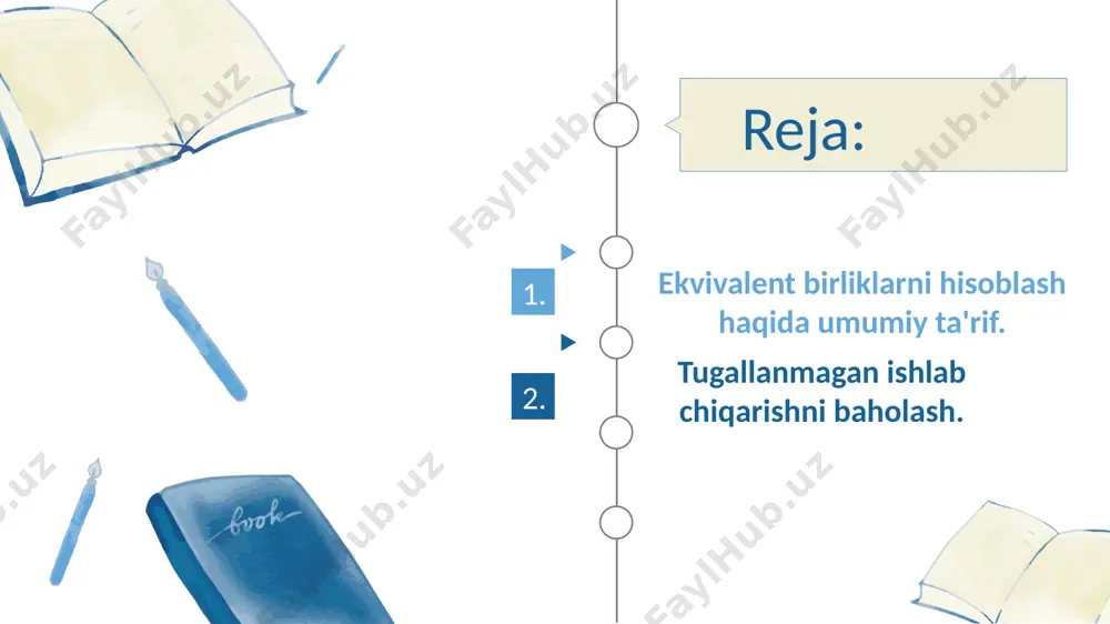buxgalteriya hisobi uchun juda muhimdir. tugallanmagan. ishlab chiqarish hajmini aniqlash uchun mahsulot ishlab chiqarishda qatnashadigan detal, qism va shu kabilaming harakati hisobini yuritish lozim. bu turdagi ishlab chiqarish tarkibiga qayta ishlash jarayonidan o‘tgan xomashyo, material va yarim tayyor mahsulotlar o‘zi tayyor holga keltirilgan, ammo texnika nazorati bo‘limi tomonidan qabul qilinmagan mahsulotlar kiradi. tugallanmagan ishlab chiqarishni auditorlik tekshiruvidan o’tkazish jarayonida quyidagi masalalarni o’rganish zarur: xarajatlar hisobini ahvoli 4. inventarizatsiya o’tkazishning o’z vaqtidaligi va to’g’riligi; 3. inventarizatsiya natijalarini aks ettirishning ishonchliligi; 2. tugallanmagan ishlab chiqarishning texnologiyasi va belgilangan me’yorlariga (agar ular korxonda tasdiqlangan bo’lsa) rioya qilinishi va uni baholashning to’g’riligi. 1. tugallanmagan ishlab chiqarish inventarizatsiyasi davomida inventarizatsiya yorliqlari yoki varaqalarida faqat buyumlarning haqiqiy soni, miqdori ko'rsatilibgina qolmay, balki ularning tayyorlik darajasi ham qayd etiladi. bu, o‘z navbatida, tugallanmagan ishlab chiqarishni tayyorlik darajasiga ko‘ra baholashni yengillashtiradi. e'tiboringiz uchun raxmat. image1.png image2.jpeg image3.jpeg
