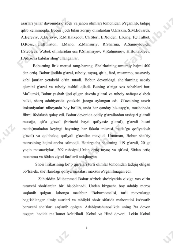 ofiya ilmiga doir yaratilgan arab va fors-tojik, risolalaridan ham qiyos uchun foydalanildi. tadqiqot predmeti sifatida zahiriddin muhammad bobur g‘azallari, g‘azallarning qofiya turlari va nazariy asoslari, boshqa mumtoz poetik janrlardan farqli jihatlari va bu janrda yozilgan asarlarning poetik xususiyatlarini tashkil etadi. tadqiqotning maqsadi va vazifalari. zahiriddin muhammad bobur qalamiga mansub barcha g‘azallarda qofiya turlarini aniqlash, g‘azallarda uchragan qofiya san’atlarini tahlil qilish, shuningdek, radif, vazn va mazmun munosabatini o‘rganishdan iborat. tadqiqotning vazifalari: –ilmi qofiyaning mumtoz poetikadagi o‘rnini ko‘rsatish; – bobur g‘azallarida qofiya turlari ва bobur ijodida qofiyaning o‘zak tarkibiga ko‘ra turlarini tadqiq etish; –tuzilishiga ko‘ra qofiya turlarining qo‘llanilishini ko‘rsatish; – “boburnoma”da keltirilgan turkiy g‘azallar qofiyasini poetik tahlil qilish; –bobur g‘azallarida qofiya san’atlarini tadqiq etish; – musajja, tajziya, musalsal g‘azallarda qofiyaning o‘rnini belgilash; –bobur g‘azallarida zulqofiyatayn, zulqavofi’, tarse’ san‘atlarining qo‘llanilishi; – qofiya va radifning mazmun munosabatini tahlil qilishdan iborat. tadqiqotning ilmiy yangiligi. o‘zbek mumtoz adabiyoti tarixida o‘ziga xos uslubi, ravon, hamma uchun birdek …