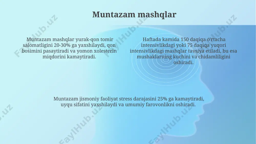 yorgarliksiz boshlanmasligi va har bir mashq oralig'ida dam olish vaqti hisobga olinishi kerak. mashqlar intensivligini asta-sekin, haftasiga 10-15% ga oshirish yurak-qon tomir tizimiga ortiqcha yuklamani kamaytiradi va jarohat olish xavfini minimallashtiradi. o'rtacha intensivlikdagi mashqlar (30-60% maksimal yurak urish tezligi) chidadiganlikni oshirish va sog'lom turmush tarzini shakllantirish uchun ideal hisoblanadi, uzoq muddatli natijalarga erishishga yordam beradi. motivatsiyani saqlash o'zingizni mukofotlang! har bir kichik yutuqdan so'ng, o'zingizni yoqimli biror narsa bilan mukofotlash (masalan, yangi sport kiyimi yoki sevimli kitobingiz) motivatsiyangizni oshiradi va 70% ga ko'proq izchil mashg'ulotlarga olib keladi. maqsadlaringizni aniqroq belgilang va ularni kichikroq, erishiladigan bosqichlarga (masalan, haftasiga 3 marta mashq qilish) bo'ling. bu sizning motivatsiyangizni saqlashga va yutuqlaringizni kuzatishga yordam beradi. do'stlaringiz yoki oila a'zolaringiz bilan birga mashq qiling. guruh mashg'ulotlari sizga 20% ga ko'proq rag'bat beradi va mashg'ulotlardan voz kechish ehtimolini kamaytiradi. e'tiboringiz uchun rahmat @taqdimot_robot image1.png