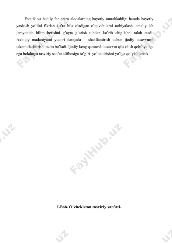 ori darajadagi tushuncha va didga ega bo’lmog’i hamda bolani shunday yo’nalishda tarbiyalamog’i shart. bu esa odamning eng yuqori yutug’laridan biridir. tasviriy san’at asari muallifi muhitni, orzu qilgan obrazni yaratish, go’zallikni paydo qilish uchun uni avval tasavvur etmog’i va so’ng tasvirlamog’i lozim. o’z ustida tinimsiz mehnat qilgan musavvirgina o’zi orzu qilgan ko’nikmani shakllantira oladi. bola bilish orqali har tomonlama rivojlanadi, olam butunligini tushunib etadi. go’zallikni sevish, uni his qilish darajasiga erishadi. go’zallik nima? insonning hayotiy turmush tarzida, axloqiy va ijtimoiy hayotida, ma’naviy chehrasining tabiiy shakllanishida aks etadigan holatlar tizimida – ma’naviy tarbiyaning asosiy kotegoriyalari sifatida aks etadi. go’zallikni ko’ra bilish, his qilish, did bilan baho berish - hissiy ko’nikma hosil qilishga olib keladi. narsalarning bir-biriga bog’liq’ligi, ovozlarning tabiat bilan uyg’unlashib ketishi, ranglarni o’zaro uzviy ohangdorligi – go’zallik negizidir. inson ichki dunyosining mukamalligi didining yuksakligi – shaxsni hissiy go’zallikka intiluvchan etib tarbiyalaydi. o’zaro muloqotda ham odamlarning ma’naviy etukligi, faolligi tufayli – inson …