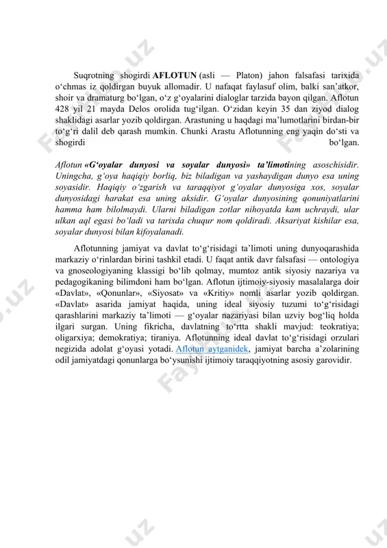 uchun ruhoniylar uni dahriylikda hamda yoshlarni axloqan buzishda ayblaganlar. unga shunchaki ayb emas, siyosiy ayb qo‘yilgan. garchand qutilish imkoni bo‘lsa-da, qonun va jamiyat tartiblarini nihoyatda qattiq hurmat qilganligi bois, u jazodan qochishni istamagan va bir qadah zahar ichib o‘lgan. suqrot va uning tarafdorlari jamiyat qonunlariga, ular qanday bo‘lishidan qat’i nazar, so‘zsiz itoat etishni targ‘ib etganlari g‘oyatda ibratlidir. holbuki, suqrot va uning shogirdlari afinada amal qilgan qonunlarni noto‘g‘ri va adolatsiz deb hisoblagan hamda ularni qattiq tanqid qilgan, ammo, shunday bo‘lsa-da, ularga bo‘ysungan. shu ma’noda, suqrot o‘zini aybdor deb topgan, sud hukmiga itoat etgan va o‘zini uning ixtiyoriga topshirgan. «aflotun mening do‘stim, ammo qonun do‘stlikdan ustun turadi», degan hikmatli ibora o‘sha davr ma’naviyatining yaqqol ifodasidir. suqrot o‘z ta’limotini og‘zaki ravishda ko‘cha-ko‘yda, maydonlarda, xiyobonlarda shogirdlari va izdoshlari bilan birga shakllantirgan va xalq ongiga singdirishga harakat qilgan, lekin bironta ham asar yozmagan. uning falsafiy, axloqiy ta’limotlari mohiyatini shogirdlari ksenofan, aristofan va aflotunlarning asarlaridan bilib …