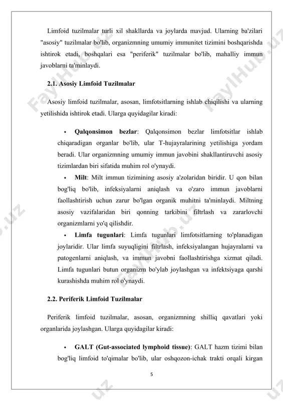 limfoid tuzilmalar bilan birga, tonsillar tizimi ham muhim himoya funksiyalarini bajaradi. tonsillar tizim shilliq qavatda joylashgan bo'lib, og'iz va tomoq orqali kirgan infektsiyalarga qarshi kurashadi. 3. limfoid tuzilmalarining funksiyalari limfoid tuzilmalar bir nechta muhim funksiyalarni bajaradi: 1. antigenlarni tanib olish: limfoid tizim antigenlarni aniqlash va ularni qayta ishlashda ishtirok etadi. antigenlar organizmga kirgan zararli moddalar yoki mikroorganizmlar bo'lishi mumkin. limfotsitlar antigenlarni aniqlash orqali immun javobni boshlaydi. 2. immun javoblarni faollashtirish: limfoid tuzilmalar antigenlar bilan o'zaro ta'sir qilib, t-hujayralar va b-hujayralarni faollashtiradi. bu hujayralar organizmni himoya qilish uchun zarur bo'lgan antikorlar ishlab chiqaradi yoki infeksiyalangan hujayralarni yo'q qiladi. 3. immun xotira yaratish: limfoid tizim antigenlarni tanib olishdan so'ng, organizm immun xotira hujayralarini ishlab chiqaradi. bu hujayralar kelajakda shu antigenlar bilan yana uchrashganda tezroq va samaraliroq javob beradi. 4. shilliq qavatni himoya qilish: galt va malt tizimlari kabi periferik limfoid tuzilmalar shilliq qavatlarda joylashgan bo'lib, ular tana ichiga kirgan patogenlarga qarshi birinchi …