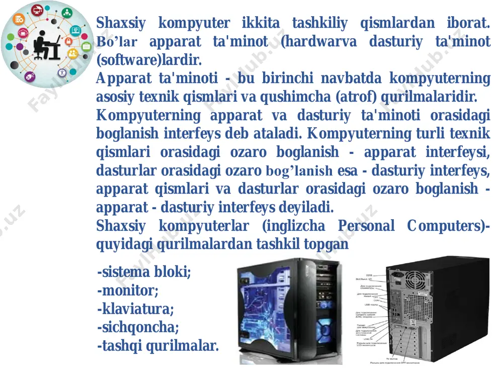 d - liquid cristal display) rangli monitorlar xamma boy ranglar gammasini uzatish imkonini beradi (65536 tagacha rangli tuslarni - high color standarti) va shuning o'zi hamma gapni aytib turibdi. rangli monitorlar sifatida quyidagilar ishlatiladi: • kompozitam rangli monitorlar va televizorlar, ular rangni ham, grafikani ham ta'minlaydi, lekin ancha past o'tkazish qobiliyatiga egadir; • rangli rgb monitorlar grafikani ham, rangni ham yuqori o'tkazish qobiliyatiga ega bo'lgan eng yuqori sifatlidir (rgb - qizil-yashil-havo rang, bu rangli xabarlarning har biri uchun o'zining simi ishlatiladi, kompozitlida esa - uchala rang signali bitta sim bo'ylab boradi); • rgb-monitorlar rangli grafikli nazoratchi bilan birgalikda ishlaydi. uch tipdagi videomonitorlar: cd (color display), ecd (enhanced cva pgs (professional grafics system) keng qo'llaniladigan ibm pc ning rangli monitorlari standartini aniqlaydi, lekin hozirda ulardan faqat oxirgisi e'tiborga loyiqdir. monoxromli monitorlar • monoxromli monitorlar rangli monitorlarga qaraganda bir-muncha arzonroq, tiniqroq tasvirga va yuqori o'tkazish qobiliyatiga ega, «qo'l rangni» o'nlab tuslarini aks …