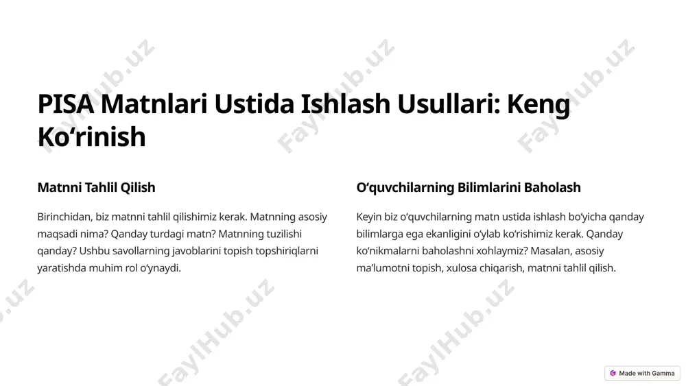 sh, tahlil qilish va xulosa chiqarish koʻnikmalarini baholashga qaratilgan savollar tuziladi. 4 topshiriqni tuzuvchi soʻngra, matn va savollar birlashtirilib, yakuniy topshiriq shakllantiriladi. topshiriq oʻquvchilarga tushunarli va ularni oʻylashga majbur qiluvchi boʻlishi kerak. 4 topshiriqlarni yaratishda eʼtiborga olish kerak boʻlgan nuqtalar turli turdagi matnlar turli turdagi matnlar (xabar, maqola, hikoya, qisqa hikoya, sheʼr) bilan ishlaydigan topshiriqlar yaratish oʻquvchilarning turli koʻnikmalarini baholash imkonini beradi. turli qiyinchilik darajasi topshiriqlarni har xil qiyinchilik darajasida yaratish muhim. bu oʻquvchilarning hamma darajalarini oʻz ichiga oladi. koʻp tanlovli savollardan tashqari pisa topshiriqlari odatda ochiq savollardan tashkil topgan boʻlib, bu oʻquvchilarga oʻz fikrlarini mustaqil ravishda ifodalash imkonini beradi. vaqtni boshqarish oʻquvchilarga topshiriqni bajarish uchun etarli vaqt ajratish kerak. bu oʻquvchilarga stresssiz ishlashga yordam beradi. 5 misol: pisa topshiriqlarini yaratish mavzu global isishning oqibatlari. matn global isish haqida maqola, unda harorat oshishining oqibatlari haqida gap boradi. savol maqoladan kelib chiqib, global isishning qanday salbiy oqibatlari borligini tushuntiring. 6 pisa …