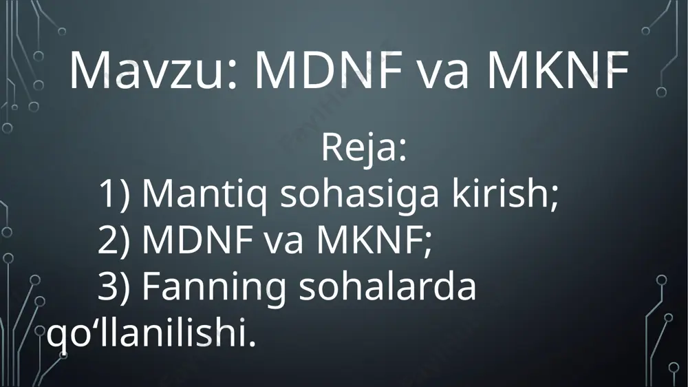 – mulohaza qiymati “rost” bo‘lsa, qiymati “yolg‘on”, agar “yolg‘on” bo‘lsa, “rost” bo‘ladigan amal. mulohazalar ustida sodda amallar. “dizyunksiya” amali “∨” yoki “+” belgilari orqali ifodalanadi. quyidagi jadvalda x1 va x2 mulohazalarning dizyunksiyasini ko‘rishimiz mumkin: dizyunksiya amaliga misol: “konyunksiya” amali “∧”, “&” yoki “*” belgilari orqali ifodalanadi. quyidagi jadvalda x1 va x2 mulohazalarning konyunksiyasini ko‘rishimiz mumkin: konyunksiya amaliga misol: “inversiya” amali “˥x”, “” yoki “!x” belgilari orqali ifodalanadi. quyidagi jadvalda “x” mulohazaning inversiyasini ko‘rishimiz mumkin: inversiya amaliga misol: “f” funksiyaning elementar dizyunksiyasi bitta blokka joylangan, faqat dizyunksiya amallaridan tashkil topgan bo‘ladi: f=x1+x2; f=x1+x3; f=x1+x2+x3. “f” funksiyaning elementar konyunksiyasi bitta blokka joylangan, faqat konyunksiya amallaridan tashkil topgan bo‘ladi: f=x1*x2; f=x1*x3; f=x1*x2*x3. elementar dizyunksiya va elementar konyunksiya haqida. “dizyunktiv normal forma”(dnf) – elementar konyunksiyalarning ixtiyoriy dizyunksiyasi. f=(x1*x2)+x3; f=(x1*x3)+(x1*x2); f=(x1*x2*x3)+(x1*x3)+(x1*x2). “konyunktiv normal forma”(knf) – elementar dizyunksiyalarning ixtiyoriy konyunksiyasi. f=(x1+x2)*x3; f=(x1+x3)*(x1+x2); f=(x1+x2+x3)*(x1+x3)*(x1+x2). normal formalar haqida. agar har bir o‘zgaruvchi, inkori ham hisoblanganda, “f” formulada bir …