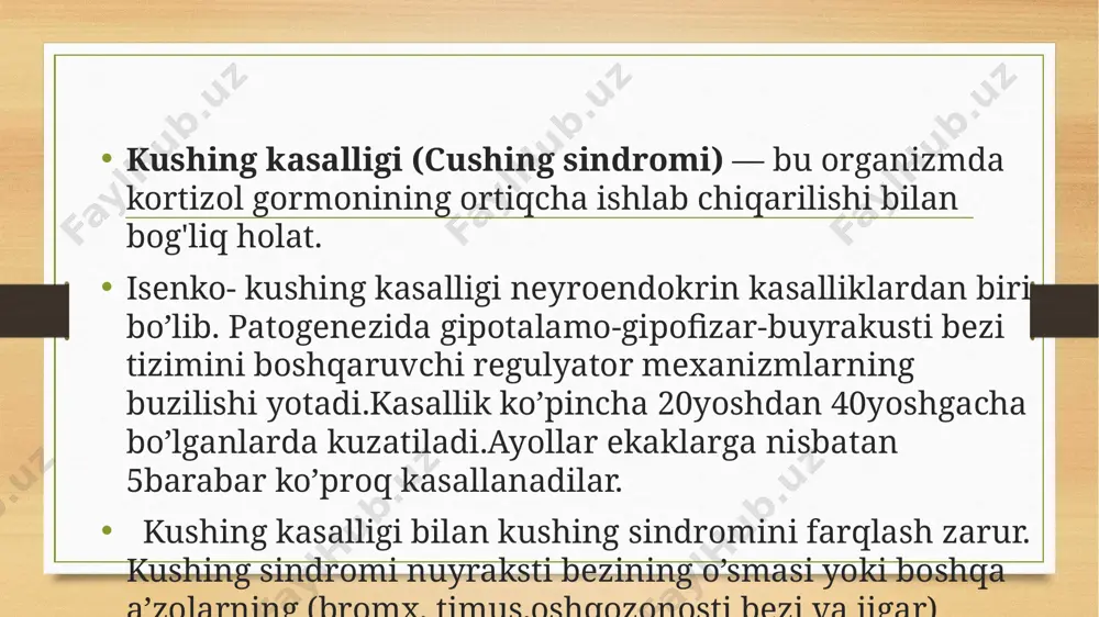 ko'rsatkichlari farq qiladi, ammo to'liq rezektsiya remissiyaga olib kelishi mumkin. 2. tibbiy boshqaruv: dori-darmonlar: steroidogenez ingibitorlari: kortizol ishlab chiqarishni kamaytiradigan ketokonazol, metirapon va osilodrostat kabi. acth retseptorlari antagonistlari: muayyan holatlarda ishlatilishi mumkin bo'lgan mifepriston kabi. dofamin agonistlari: ba'zida adenomani qisqartirish uchun ishlatiladi. 3. radiatsiya terapiyasi: jarrohlik qilish mumkin bo'lmaganda yoki operatsiyadan keyingi kasallik qoldiqlari mavjud bo'lganda qo'llaniladi. turlarga an'anaviy radioterapiya va stereotaktik radiojarrohlik kiradi. pasireotid – somatostatinning multiligandli analogi bo’lib,kushing kasalligida,18 yoshdan oshgan neyroxirurgik davo samarasiz yoki mumkin bo’lmagan ya'ni hipofiz bezidan gormon ishlab chiqaruvchi o'simtalar sababli yuzaga keladigan kasallikda qo'llanilishi mumkin. u gormon ishlab chiqarishni ingibir qilish orqali ta'sir qiladi. qo'llanilish dozalari: boshlang'ich dozasi: odatda, oyiga 600 mikrogramm (1 marta). tadqiqotlar natijalari: zaruratga qarab, dozani 900 mikrogrammga kuniga 2marta berilishi effektliroq. davolash davomida bemorning holatini doimiy ravishda uglevod almashinuvi holatini nazorat qilish kerak. kushing kasalligini davolashda dori-darmonlar ular kortizol ishlab chiqarilishini kamaytirish yoki gormonlarning ta'sirini blokirovka qilish orqali kasallik …