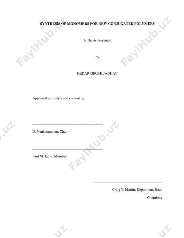...18 2.6 fluorescence quenching with pcbm………………………………………….19 2.7 characterization………………………………………………………………..19 2.8 problems associated with monomer synthesis………………………………...21 viii 2.9 conclusion and future work…………………………………………………24 2.10 experimental details………………………………………………………...25 2.11 references…………………………………………………………………...35 3.synthesis of new conjugated acceptor monomers and polymers based on benzthiadiazole…………………………………41 3.1 introduction…………………………………………………………………... 41 3.2 molecular design and synthesis………………………………………………44 3.3 characterization of monomers………………………………………………...48 3.4 uv-vis studies and cyclic voltametry………………………………………..48 3.5 characterization of alternating copolymers…………………………………..51 3.5.1 uv-vis absorption studies and cyclic voltametry………………………51 3.5.2 mobility studies…………………………………………………………..52 3.6 future work and directions……………………………………………………52 3.7 experimental details…………………………………………………………..53 3.8. references……………………………………………………………………64 biblography……………………………………………………………………..69 ix list of tables table page 3.1 molecular weight and energy levels for polymer pbtd 1 and pbtd 2……... 49 3.2 molecular weight and energy levels for polymer pbtdv 1 and pbtdv 2…..51 x list of figures figure page 1.1 schematic representation of operating principle of a photovoltaic cell. ...................... 2 1.2 structures of monomer m1, m2 and polymer p3tzt ................................................. 7 1.3 structures of monomer 1, monomer 2, homopolymers …