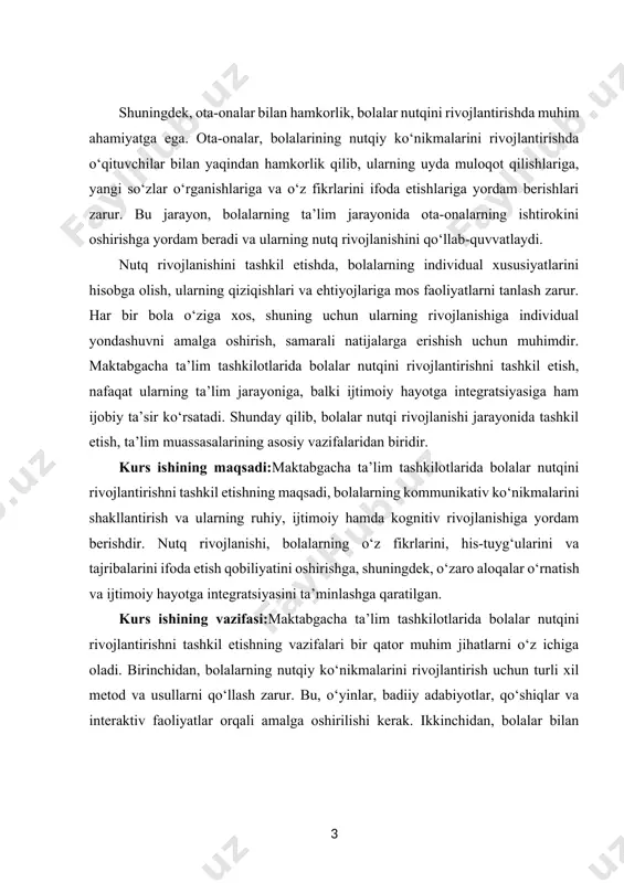 alarning nutqiy ko‘nikmalarini rivojlantirish uchun turli xil metod va usullarni qo‘llash zarur. bu, o‘yinlar, badiiy adabiyotlar, qo‘shiqlar va interaktiv faoliyatlar orqali amalga oshirilishi kerak. ikkinchidan, bolalar bilan muloqot qilishda samimiy va qo‘llab-quvvatlovchi muhit yaratish, ularning o‘z fikrlarini ifoda etishga va his-tuyg‘ularini bildirishga yordam berishi lozim. kurs ishining tarkibiy tuzilmasi:ushbu kurs ishi 3 ta bob,9 ta reja,xulosa va foydalanilgan adabiyotlardan iborat. i-bob.maktabgacha ta’limda nutq rivojlanishining nazariy asoslari. 1.1.maktabgacha ta’limda nutq rivojlanishining ahamiyati. maktabgacha ta’limda nutq rivojlanishining ahamiyati bolalarning kelajakdagi muvaffaqiyatlari uchun juda muhimdir. nutq rivojlanishi, bolalar o‘rtasida muloqot qilish, hissiyotlarni ifoda etish va ijtimoiy aloqalarni rivojlantirishda asosiy rol o‘ynaydi. maktabgacha yoshdagi bolalar uchun nutq faqatgina so‘zlash qobiliyati emas, balki ularning fikrlash,[footnoteref:2] o‘rganish va o‘zaro munosabatlarini shakllantirishda muhim vosita hisoblanadi. nutq rivojlanishi, bolalarning o‘zlariga bo‘lgan ishonchini oshiradi va ijtimoiy muhitda faol ishtirok etishlariga yordam beradi. [2: muslimov n.a. “kasb ta’limi o‘qituvchilarining kasbiy kompotentligini shakllantirish texnologiyasi” /monografiya. –t.: ”fan va texnologiya” nashriyoti,2013.] bolalar …