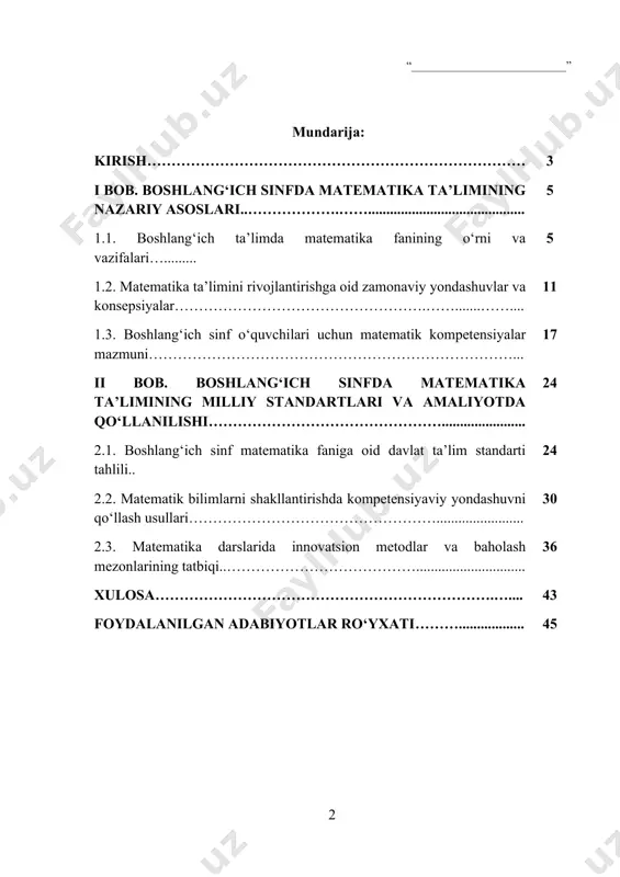 ing fikrlash va muammoli vaziyatlarda mustaqil yechim topish qobiliyatini shakllantirish dolzarb vazifa hisoblanadi. shular qatorida matematika fani, o‘quvchilarning mantiqiy tafakkurini rivojlantirish, muammolarni hal qilishga oid ko‘nikmalarini shakllantirishda muhim o‘rin tutadi. boshlang‘ich sinfda matematika ta’limi nafaqat raqam va amallarni o‘rgatishga qaratilgan, balki o‘quvchining hayotiy faoliyatida qo‘llay oladigan kompetensiyalarini shakllantirishga xizmat qilishi lozim. shu bois matematika o‘qitish mazmuni va metodikasi yangi davlat ta’lim standartlari, zamonaviy pedagogik yondashuvlar, jumladan kompetensiyaviy yondashuv asosida qayta ko‘rib chiqilmoqda. kurs ishining dolzarbligi - xxi asrda ta’lim mazmuni va shakllari tubdan o‘zgarib borayotgan bir davrda, boshlang‘ich ta’lim tizimini modernizatsiya qilish dolzarb vazifalardan biri bo‘lib qolmoqda. ayniqsa, raqamli texnologiyalar, algoritmik tafakkur va tanqidiy fikrlash ko‘nikmalarining kundalik hayotda o‘ziga xos o‘rni kuchayib borayotgan bir vaqtda, matematika fanining boshlang‘ich sinflardayo o‘z o‘rnini to‘g‘ri belgilash muhim ahamiyatga ega. chunki aynan shu bosqichda bola matematika fani orqali atrof-muhitni tahlil qilish, miqdoriy munosabatlarni anglash, muammo yechishda mustaqil qaror qabul qilish kabi asosiy intellektual kompetensiyalarni …