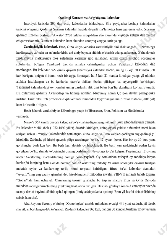 hisobidir. zardusht yil hisobi quyosh yiliga asoslangan bо‘lib, 12 oydan iborat. har bir oy 30 kun, yana qо‘shimcha besh kun bor. bu besh kun alohida oy hisoblanadi. bu besh kun sakkizinchi oydan keyin qо‘yilgan bо‘lib, shunda tо‘qqizinchi oyning boshlanishi navrо‘zga tо‘g‘ri kelgan. taqvimdagi 12 oyning nomi ‘avesto”dagi ma’budalarning nomiga borib taqaladi. oy nomlaridan tashqari oy tarkibiga kirgan kunlar(30 kun)ning ham alohida nomlari bor. “avesto”ning milodiy vi asrda sosoniylar davrida tuzilgan matnida oylar va kunlarning tо‘liq nomi rо‘yxati keltirilgan. biroq ba’zi kalendar atamalari “avesto”ning eng azaliy qismlari deb hisoblanuvchi miloddan avvalgi viii-vii asrlarda tarkib topgan. “gotlar” da ham uchraydi. olimlarning taxmin qilishicha bu taqvim sharqiy eron va о‘rta osiyoda miloddan avvalgi birinchi ming yillikning boshlarida tuzilgan. dastlab, g‘arbiy eronda axmoniylar davrida rasmiy davlat taqvimi sifatida qabul qilingan (ilmiy adabiyotlarda qadimgi eron yil hisobi deb atalishining sababi ham shu). abu rayhon beruniy о‘zining “xronologiya” asarida miloddan avvalgi 441 yilni zardusht yil hisobi …