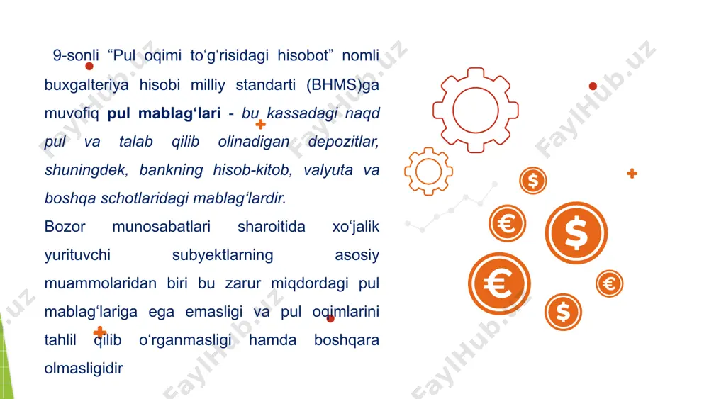 tishi natijasida yuzaga keladi xo‘jalik yurituvchi subyektlar tomonidan hisobot davrida xorijiy valyuta ishtirokida operatsiyalar sodir bo‘lgan bo‘lsa, o‘zbekiston respublikasi moliya vazirligining 2002-yil 27-dekabrdagi 140-sonli buyrug‘iga asosan tasdiqlangan “pul oqimi to‘g‘risidagi hisobot”ga ilova qilinib, “valyuta mablag‘lari harakati to‘g‘risidagi ma’lumotnoma” ham taqdim etiladi mazkur ma’lumotnomada xo‘jalik subyektining xorijiy valyuta bo‘yicha pul mablag‘larining harakati aks ettiriladi. xorijiy valyutadagi pul mablag‘lari oqimi tahlil qilib o‘rganilar ekan, birinchi navbatta xo‘jalik yurituvchi subyektning mavjud bo‘lgan valyuta mablag‘larining yil boshiga qoldig‘iga jami valyuta tushumlarini qo‘shish va jami sarflangan valyuta mablag‘lari ayirish orqali hisobot davri oxiridagi valyuta qoldig‘iga tengligi tekshiriladi. pul mablag‘larining yil boshiga va yil oxiriga qoldiqlari “buxgalteriya balansi”ning 320-satrida ko‘rsatilgan pul mablag‘lari summasiga ham o‘zaro muvofiqligini o‘rganiladi. shundan so‘ng, xorijiy valyuta mablag‘lari qaysi manbalar hisobiga kelib tushganligi va qanday maqsadlarda sarflanganligiga baho beriladi. tahlil yakunida xorijiy valyuta bo‘yicha sof pul mablag‘lari hajmini oshrish imkoniyatlari ko‘rsatib beriladi xo‘jalik yurituvchi subyektlarda pul oqimi, ya’ni operatsion faoliyat, investitsiya faoliyati, …