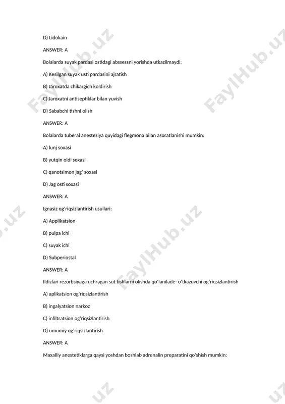 va sekin maksimal chukurlikka erishish answer: a premedikatsiya yordamida erishilmaydi: a) operatsiya maydoniniog‘riqsizlantirishga b) bemorni tinchlantirishga c) xis-xayajonni olishga (psixoemotsional zo‘riqishni olish) d) qo‘rqo‘vni olishga answer: a stomatologda davolanish paytida bolalarda organizmdagi negativ reaksiyani pasaytirish maqsadida quyidagi muolajani qo‘llash kerak? a) individual yondashish b) manipulyatsiya vaqtida ota – onasining yonida bo‘lishi c) nevropatolog maslaxati d) bola bilan psixologik muloqotni o‘rnatish answer: a sut tishlarini olishda tuberal anesteziya qo‘laniladi: a) qo‘lanilmaydi b) albatta qo‘laniladi c) maxalliy infiltratsion og‘riqsizlantirish bilan birga qo‘lniladi. d) tanlash usuli hisoblanadi answer: a sut tishlarini olishga ko‘rsatma: a) tish toji va ildizi sinishi b) 1-darajali tish qimirlashida c) suyak gemangiomasi d) qon kasalliklarida answer: a tildagi jaroxatga jarroxlik ishlovi operatsiyasi utkazishda kullaniladigan maxalliy ogriksizlantirish turlari a) infiltratsion b) mental c) tuberal d) insizival answer: a trimekain novakainga nisbatan ustunligi: a) xammasi to‘g‘ri b) effektivligi tezrok c) allergik xolati kamrok d) sedativ effektli answer: a umumiy og‘riqsizlantirishga qarshi …
