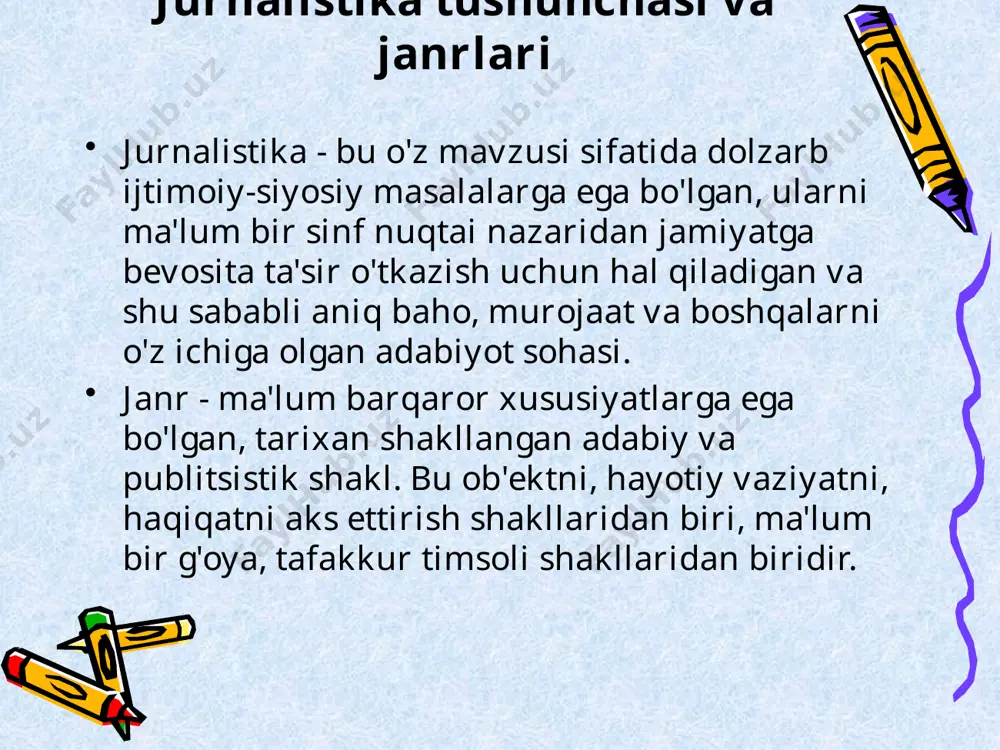 hatto tahlil elementlari bo’lgan intervyu kabi janrlarni o’z ichiga olgan butun bir majmuadir. biz ma’lumot bilan ishlashda har tomonlama va kompleks yondashuv haqida gapiramiz. juda katta miqdordagi ma’lumotlarni o’rganib chiqish, tahlil qilish va o’quvchiga yoki tomoshabinga sodda tarzda taqdim etish muhimdir. analitik materialining vazifalari uchta asosiy vazifa mavjud: birinchisi, ba’zi bir hodisalar, voqealar, muammolar va fenomenlarning mohiyatini ochib berish. ikkinchisi – tendentsiyalarni tahlil qilish va ularning ahamiyatini baholash. uchinchisi – samarasiz rivojlanish modellarini tanqid qilish: jurnalist muammolarni tahlil qiladi va qaysi jarayonlar mamlakatlar miqyosida yoki kompaniyalar miyosida noto’g’ri ketayotganini ko’rsatadi. boshqa tomondan, har doim tahliliy (analitik) materialda vujudga kelgan muammoli vaziyatdan chiqish yo’li, ba’zi xulosalar va ehtimol muammoning yechimi yoki rivojlanish prognozni hal qilish bo’yicha tavsiyalar ko’rsatilishi muhimdir. bu jurnalistning tahliliy ishining natijasidir. dalillar va mutahassislarning fikrlarga asoslangan tahliliy jurnalistika muhim ijtimoiy muammolarni ko’taradi. mutaxassislar va ekspertlarning takliflari orqali tahliliy jurnalistika muammolarga yechimlarni taklif qiladi. analitik materialni tayyorlashdan oldin o’zingizga …