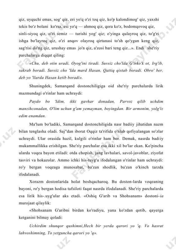 bergan hodisa tafsiloti faqat nasrda ifodalanadi. she'riy parchalarda esa lirik his-.uyg'ular aks etadi. «oshiq g'arib va shohsanam» dostoni-ia murojaat qilaylik: «shohsanam g'aribni birdan ko'radiyu, yana ko'zdan qotib, qayerga ketganini bilmay qoladi: uchirdim shunqor qushimni,hech bir yerda qarori yo 'q. vo hasrat lahvoshimning, to yetguncha qarori yo 'q». «ravshan» dostonidan ohngan parcha bilan «oshiq j'arib va shohsanam»dan ohnganini solishtirsak, nasr va he'rdagi farq aniq ko'rinadi. endi namangan dostonchili-i an'anasiga oid «zamonbek»dan olingan bir parcha kelti-ayhk: saj' — nasriy parchalardagi so'zlarning qofiyalanib kelishi.«go'ro'g'li yigitlarining g'ayrati kelib, o'tday tutashib, shodmon polvon degan yigit mamaniyoz orqasidan quvib turgan joyi ekan: «ko 'ring shodmon polvon ishini, uni-buni deganiga qo 'ymaydi, bora qolib turvayidan ushlaydi, taqimini bir ko 'tarib tashlaydi». namunaning shakli va mazmunidan ma'lum bo'ladiki, nasrda ham, nazmda ham qahramonlar harakatining bayoni o'z ifodasini bir xil topgan. bu jihatdan farg'ona doston-chihgi samarqand an'anasiga o'xshashdir yuqorida qayd etilgan dostonchilik an'analaridan tashqari, ularning tarkibida dostonchilik maktablari ham …