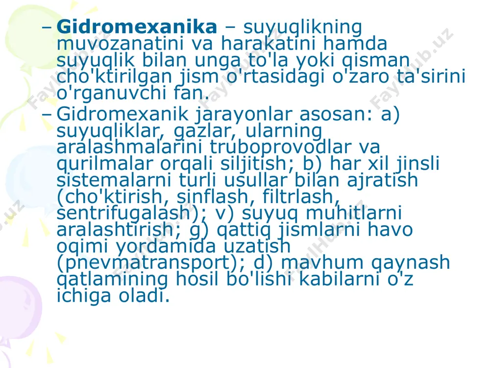 farq yo'qoladi. gidrostatik bosim sirt va hajm kuchlarining ta'sirida suyuqlikning ichida gidrostatik bosim paydo bo'ladi. tinch turgan suyuqlik hajmidan elementar yuza ni ajratib olamiz. ushbu yuzaning turgan holatidan tashqari unga normal bo'yicha yo'nalgan ma'lum bir kuch ta'sir qiladi. ushbu kuchning elementar yuzaga nisbati o'rtacha gidrostatik bosimni tashkil etadi: (1) elementar yuzaning ayrim nuqtalaridagi haqiqiy bosim esa turlicha bo'lishi mumkin, ya'ni bir nuqtada ko'proq boshqasida kamroq. elementar yuzaning qiymati nolga yaqinlashganda kuchning yuzaga nisbati berilgan nuqtadagi haqiqiy gidrostatik bosim deb ataladi: (2) nyuton va nonyuton suyukliklari suyuqliklarning umumlashgan mexanik xossalari nyuton suyuqliklari orqali tushuntiriladi. berilgan harorat va bosimda nyuton suyuqliklarining qovushqoqligi o'zgarmas qiymatga ega bo'ladi. murakkab qovushqoqlikka, oqish sharoitlariga bog'liq suyuqliklar, masalan polimer eritmasi, bo'yoq, sellyuloza, pasta, suspenziya kabi suyuqliklar nonyuton suyuqliklar deyiladi, bunday suyuqliklarning qovushqoqlik qiymati siljish tezligiga va uning davomiyligiga qarab o'zgaradi. nyutonning ishqalanish qonunini quyidagicha yozish mumkin: (3) bu yerda siljish kuchlanishligi (ichki ishkalanish kuchlanishligi), bu tenglamadagi ning …