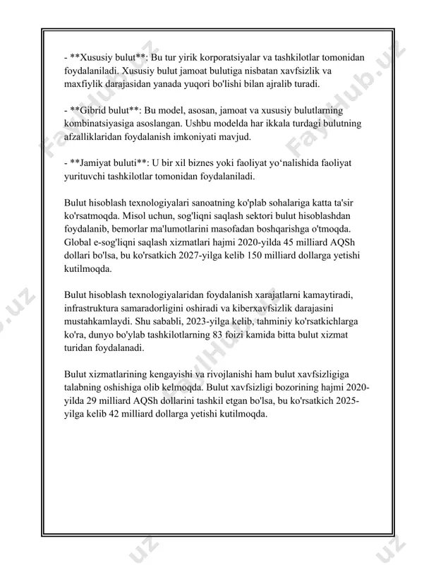atilyotgan ma'lumotlarning umumiy miqdori 175 zettabaytga yetadi. shu sababli, bulutli saqlash xizmatlari keng ma'lumot saqlash talablariga javob berish uchun zarur. 8. **ishonchlilik va texnik xizmat ko'rsatish**: bulut saqlash xizmatlari odatda yuqori darajada ishonchli bo'lib, ibm cloud yoki oracle cloud kabi kompaniyalar tomonidan past kechikish va yuqori vaqt davomiyligi kafolatlanadi. texnik xizmat ko'rsatish bilan bog'liq qiyinchiliklar esa xizmati ko'rish kontraktlariga asoslangan holda xizmat provayderlari tomonidan hal etiladi. 9. **ko'p tarmoqli xizmatlar integratsiyasi**: bulutli ma'lumotlar saqlash turli dasturlar va operatsion tizimlar bilan integratsiyalanadi. masalan, amazon s3 xizmati ko'plab platformalar va dasturlar bilan integratsiyadan o'tish imkonini beradi. 10. **laqillab ketish imkoniyatini kamaytirish**: bulut texnologiyalari xizmatlarda uzilishlar darajasini kamaytirib, yuqori yuklash davrida avtomatik moslashuvchanlik imkoniyatini taqdim etadi. bu ko'plab imkoniyatlar va afzalliklar bugungi kunda millionlab foydalanuvchilar va minglab kompaniyalarni bulutli ma'lumotlar saqlash texnologiyalaridan foydalanishga undamoqda. 3. bulutli xizmatlar turlari bulutli xizmatlar zamonaviy texnologiyalarning muhim qismiga aylangan va ko'plab tashkilotlar va shaxslar tomonidan qo'llanilmoqda. "bulutli …