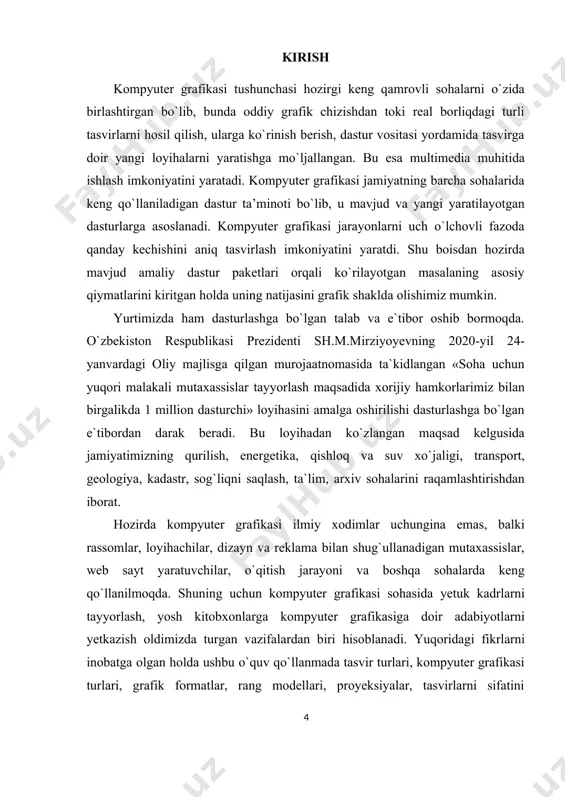 tahrir qiladi va to'plangan materiallarni bir-biriga bog'lash uchun ishlab chiqadi. post-prodaksiya jarayonida animatsiyaga effektlar, ovozlar va musiqa qo'shiladi. 6. natijani taqdim etish: animatsiya tayyor bo'lgandan so'ng, uni maqsadga muvofiq ravishda taqdim etish kerak bo'ladi. bu bosqichda animatsiyani doimiy ravishda ko'rsatish, ijro etish yoki ijtimoiy tarmoqlarda tarqatish mumkin. kurs ishining maqsadi: animatsiya hosil qiluvchi dastur bilan ishlash bosqichlari turlari va dasturlari haqida bilimlarimizni mustaxkamlash. kurs ishining ob`yekti: animatsiya hosil qiluvchi dastur bilan ishlash bosqichlari o’rganish jarayoni. kurs ishining predmeti: animatsiya hosil qiluvchi dastur bilan ishlash bosqichlari o’rganish jarayonini o’rganish jarayonida yangi texnologiyalardan foydalanish usullari va vositalari. i bob. animatsiya haqida umumiy ma`lumotlar 1.1. animatsiya dasturlarini yaratish bosqichlari tashkilotchilar animatsiya dasturini shakllantirish davomida quyidagilarni aniqlashlari kerak: • maqsadli dasturning auditoriyasini (animatsiya dasturi kimga mo’ljallangan) kimlar tashkil etadi? • animatsiya dasturi mazmunida (asosiy g'oyasi, maqsadi, vazifalari) nima yotadi? animatsiya texnologiyasi. texnologiya deyilganda animatorning mehnat usullari to‘plamini, ushbu mehnatni tashkil etish, moslama va asboblardan …