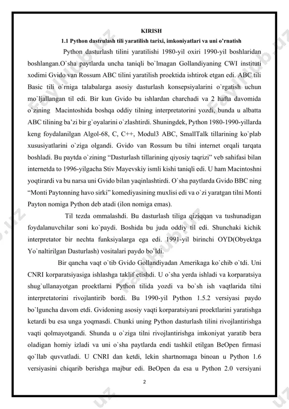 tishdi. u o`sha yerda ishladi va korparatsiya shug`ullanayotgan proektlarni python tilida yozdi va bo`sh ish vaqtlarida tilni interpretatorini rivojlantirib bordi. bu 1990-yil python 1.5.2 versiyasi paydo bo`lguncha davom etdi. gvidoning asosiy vaqti korparatsiyani proektlarini yaratishga ketardi bu esa unga yoqmasdi. chunki uning python dasturlash tilini rivojlantirishga vaqti qolmayotgandi. shunda u o`ziga tilni rivojlantirishga imkoniyat yaratib bera oladigan homiy izladi va uni o`sha paytlarda endi tashkil etilgan beopen firmasi qo`llab quvvatladi. u cnri dan ketdi, lekin shartnomaga binoan u python 1.6 versiyasini chiqarib berishga majbur edi. beopen da esa u python 2.0 versiyani chiqardi. 2.0 versiyasi bu oldinga qo`yilgan katta qadamlardan edi. bu versiyada eng asosiysi til va interpretatorni rivojlanish jarayoni ochiq ravishda bo`ldi. shunday qilib 1.0 versiyasi 1994-yil chiqarilgan bo`lsa, 2.0 versiyasi 2000-yil, 3.0 versiyasi esa 2008-yil ishlab chiqarildi. hozirgi vaqtda uchinchi versiyasi keng qo`llaniladi. 4-5-amaliy topshiriq 1. o’zingizni shajara daraxtingiz haqida ma’lumot beruvchi binar daraxt dasturini tuzing (katta bobo …