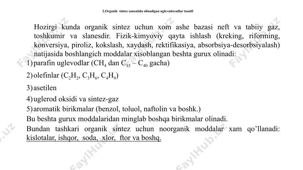 intetik tolalar, erituvchilar, lak, bo’yoq va boshqalar olishda ishlatiladi. asetilen asosida qudratli organik sintez sanoati barpo etildi; bu sanoat asetaldegid, vinilasetat, sirka kislota, sirka angidrid, vinilxlorid, akril kislotaning natryli, xlororganik erituvchilar (trixloretilen, tetraxloretilen va shunga o’xshashlar), xloropren va boshqa kimyoviy mahsulotlar ishlab chiqaradi. bu mahsulotlarning ba’zilarini (xloropren kauchuk, vinilasetat, vinilxlorid va boshqalar) ishlab chiqarishda asetilen hozirgacha yagona xom ashyo hisoblanadi. 4. uglevadorodlardan aromatik brikmalar sintez qilish. toshko’mirni quruq haydash, yuqorida aytib o’tilganidek, aromatik uglevodorodlar olishning asosiy manbaidir. toshko’mir retortalarda yoki kokslash pechlarida havo kiritmasdan 1000-3000°c da qizdirilsa uning tarkibidagi organik moddalar parchalanib qattiq, suyuq hamda gazsimon mahsulotlar hosil qilinadi. quruq haydalganda olinadigai qattiq holatdagi mahsulot — koks — kul aralashgan ugleroddan iborat g’ovak massadir. koks metallurgiyada metallar olishda, asosan po’lat ishlab chiqarishda qaytaruvchi sifatida ishlatiladi. quruq haydashda olinadigan suyuq holatdagi mahsulot toshko’mir smolasi (ammiakli suv)dir. gazsimon mahsulotlar esa umumiy nom bilan koks gazi deyiladi. tozalanmagan koks gazi tarkibida 25—35 g/m3 …