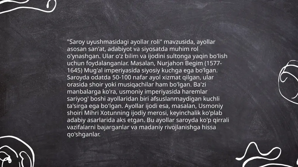 akchilikda qatnashish imkoniyatini yaratgan. shu sababli borte madaniyatida saroy ayollari nafaqat oilaviy boshqaruvda balki keng ko'lamda jamiyatning rivojlanishida ham muhim tashkil etgan. ... t.me/slaydai_bot oʻrta asrlarda turk xonlarining ayol qoʻriqchilari muhim rol oʻynaganlar. ular turli vazifalarni bajarib, xavfsizlik va himoya masʼuliyatini olganlar. ayol qoʻriqchilar orasida jur'at va chaqqonlik bilan ajralib turuvchilar koʻp edi. ayrim ma'lumotlarga koʻra, bu xonlar uchun xizmat qiluvchi ayol qoʻriqchilarning soni minglab boʻlgan. ular koʻplab jangovar mahorat va qattiqqoʻl tayyorgarlik asosida tanlangan va oʻqitilgan. qoʻllanadigan qurollar ham xilma-xil boʻlib, kamon, qilich va nayzadan iborat edi. bu ayol qoʻriqchilar oʻzining jasorati, sadoqatliligi va oʻz xalqiga xizmat qilishga tayyorligi bilan ajralib turganlar. oʻrta asr turk tarixida ayollarning bunday jamoat xizmatida faol ishtirok etgani muhim ahamiyat kasb etadi. ... t.me/slaydai_bot "xonim va nodirabegim" asarida mulkiy muammolar muhim o‘rin tutadi. asar xix asrda o‘tgan real voqealarga asoslangan. markaziy mavzulardan biri meros masalalari va mulkni taqsimlashdir. bu davrda mulk asosan erkaklar tomonidan …