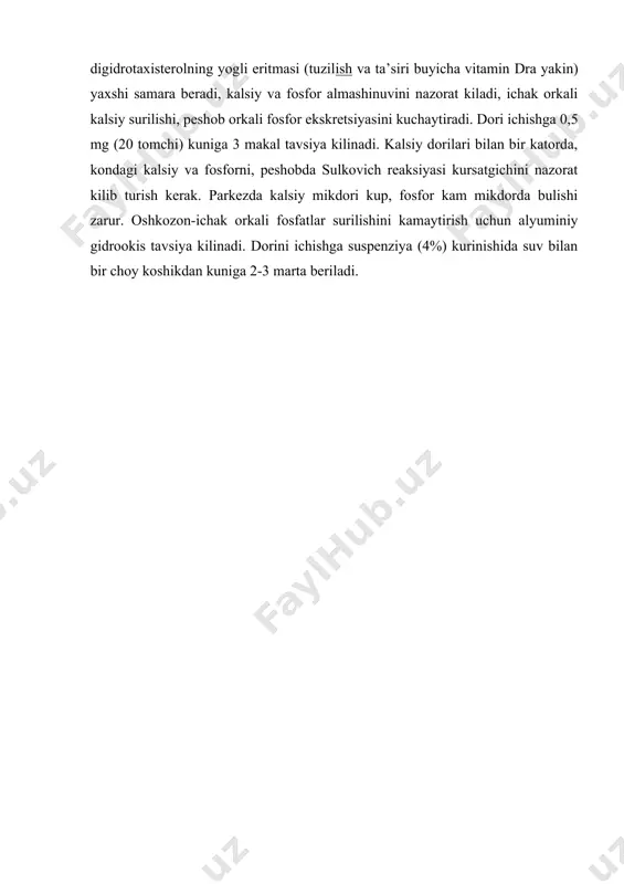 ugri tashkillashtirish, toza xavoda etarli sayr kilish, davriy ravishda kalsiy dorilari tavsiya kilinadi. xish-baxor mavsumida yukori kuzgaluvchan va raxit bilan ogrigan bolalarga kalsiy bilan birga bromidlar tavsiya etiladi. surunkali gipoparatireoidizmda vitamin d2 (ergokalsiferol) 300 000 - 400 000 xb/sutkada beriladi. xondagi kalsiy mikdori normallashganda (2,2 mmol/l) vitamin d2 1 yoshgacha bolalarga 50 000 xb/sutda va bir yoshdan katta bolalar uchun 75 000-125 000 xb/sut davom ettiriladi. urindosh davo maksadida kalkonsimon bez oldi bezining suyuk ekstrakti (paratireoidin) tavsiya etiladi, konda kalsiy konsentratsiyasini kutaradi. dorilar teri ostiga yoki mushak orasiga 12 ml/sut da kullaniladi, kon zardobida kalsiy mikdorini nazorat kilish kerak. 0,1% digidrotaxisterolning yogli eritmasi (tuzilish va ta’siri buyicha vitamin dra yakin) yaxshi samara beradi, kalsiy va fosfor almashinuvini nazorat kiladi, ichak orkali kalsiy surilishi, peshob orkali fosfor ekskretsiyasini kuchaytiradi. dori ichishga 0,5 mg (20 tomchi) kuniga 3 makal tavsiya kilinadi. kalsiy dorilari bilan bir katorda, kondagi kalsiy va fosforni, peshobda sulkovich …