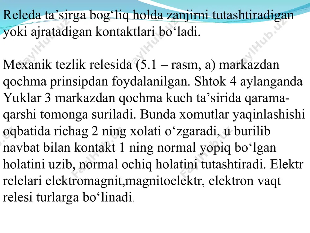sh kerak. savollar; rele deb nimaga aytiladi? rele turlari. tortilma relening ishlashi. mexanik tezlik rele ishlashi. rele statik tavsifini tushuntiring. rele qaysi parametrlari bilan tavsiflanadi? e’tiboringiz uchun raxmat! ish k x x