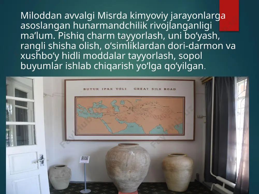 ushbu yangi kimyo fanini shakllanishida o‘zbek olimlari a.a.ibragimov, hamroqulov g‘.х., m.a.raximjonov, m.yu.isaqov, q.m.karimqulov, o.a.тoshpo‘latov, a.a.namozov, m.shodiyev, n.х.тo‘xtaboyev va boshqalar tomonidan . o’zbekistonda kimyo fani va sanoati rivojlanishi. o’zbekistonda kimyo fani va sanoatining rivojlanishi toshkent davlat universiteti (hozirgi o’zbekiston milliy universiteti)ning kimyo fakultetini tashkil etilishi bilan bog’liq. hozirgi kunda o’zbekiston fanlar akademiyasi qoshidagi kimyoga doir ilmiy-tekshirish institutlarida va mustaqil respublikamizdagi ko’p sondagi oliy o’quv yurtlarining kimyo va kimyoviy texnologiya kafedralarida olimlar, mutaxassislar kimyo fani va sanoatining eng muhim muammolarini tadqiq qilish bilan shug’ullanmoqdalar. . respublikamizning kimyo fani va sanoati rivojiga hissa ko’shgan va qo’shayotgan akademiklar o.s.sodiqov, s.yu.yunusov, k.s.ahmedov, m.n.nabiev, x.u.usmonov, m.asqarov, z.salimov va boshqa yirik kimyogar olimlarning ilmiy ishlari xorij davlatlarida ham mashhurdir. o’zbekiston hududida tabiiy gaz, neft, ko’mir, oltingugurt, rangli metallar rudasi va boshqa xom ashyolar bo’lganligi uchun mamlakatimiz yirik kimyo sanoatlariga ega. prezidentimiz i.a.karimovning «o’zbekiston xx1 asr bo’sag’asida: xavfsizlikka tahdid, barqarorlik shartlari, taraqqiyot kafolatlari» asarlarida alohida ko’rsatib o’tilganidek: «o’zbekiston …