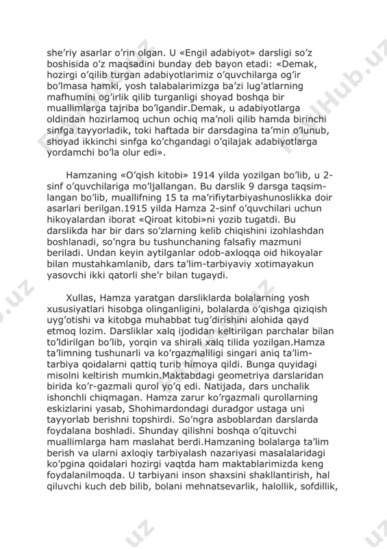 chib, o‘qituvchilik qiladi. u keng xalq ommasiga ma’rifat tarqatishni nazarda tutadi va maktabiga bolalarni jalb qilishga intiladi. shuning uchun ham, uning o‘zi aytganidek, “oylik vazifa to‘lab, o‘quvdan ojiz qolgan faqir va bechora bolalar”ning o‘qiy olishlari uchun “yordam jamiyati” tashlik etadi. hamza bolalarni o’quv qo’llanmalari, ovqat va kiyim-kechak bilan ta’minlash maqsadida «jamiyati xayriya» tashkil qiladi. hamza ochgan maktabning dovrug’i qo’qon shahridan tashqariga ham tarqala boshladi. mahalliy ma’murlar bundan hayiqib, 1913 yilda maktab va jamiyatni berkitadilar. hamza 1914 yil sentyabrida shayxulislom guzarida «dorulaytom» (etimlar uyi)ni ochadi. u bu haqda shunday deb yozgan edi: «biz yo’qsillarning bolalarini va etimlarni o’qitishni xohlaymiz, ularning miyalarini foydali ish bilan mashg’ul qilmoqchimiz,shuning uchun ham o’zimizning «dorulaytom»imizni ochdik. bu maktabda o’qitish tekin bo’lishi bilan birga bolalarga daftarlar, yozuv ashyolari va kitoblar ham tekin beriladi». u o’z maktabi uchun «engil adabiyot», «qiroat kitobi», «uqish kitobi» kabi darsliklarni yaratdi. hamzaning 1914 yilda yozilgan «engil adabiyot» dars-ligi boshlang’ich sinf o’quvchilariga mo’ljallangan …