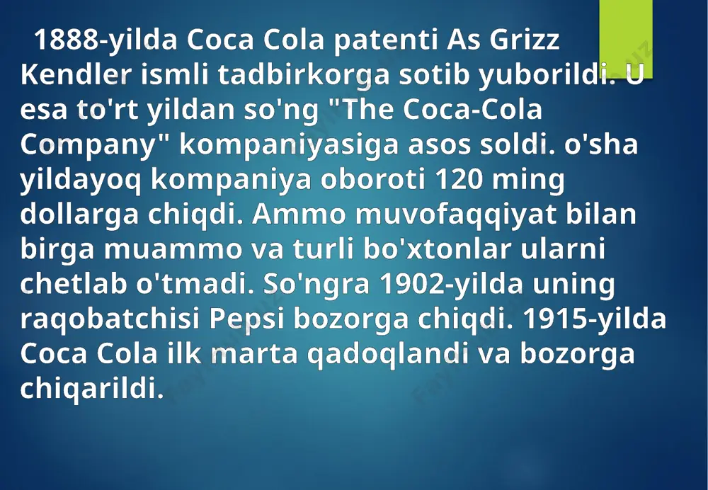 l logotibini butun dunyoning 90% axolisi taniydi; «coca-cola» kompaniyasi reklamaga juda katta pul ajratadi. wikipediya saytiga tayanilsa, 2011-yilda reklama uchun 3 milliard dollar sarflagan. «coca-cola» ning facebookdagi saxifasi eng ko'p muxlis yig'a olgan saxifalardan biridir; «coca-cola» brendi qiymati $83.8 milliard aqsh dollariga baxolangan; meksikalaliklar eng ko'p «coca-cola» iste'mol qiladigan xalq xisoblanadi. «coca-cola» iste'mol qiluvchi bir meksikalik yiliga o'rtacha 745 dona shisha idishini bo'shatadi; «coca-cola» ichimligi fazoga olib chiqilgan birinchi alkogolsiz ichimlik sifatida tarixda qolgan; image3.jpeg image4.jpeg image5.jpeg image6.jpeg image7.jpeg image8.png image9.jpeg image10.png image11.jpeg image12.png image13.png image14.jpeg image15.jpeg image16.jpeg image17.png image18.png image1.jpeg /docprops/thumbnail.jpeg