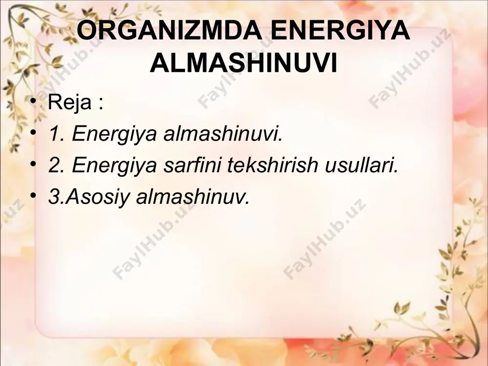 odamda asosiy almashinuv 1 sutkada 1680 kkal ga teng. bu to`qimalardagi oksidlanish protsesslarining intensivligiga bog`liq. asosiy almashinuv energiyasi asosan ichki organlar ishini taminlash uchun sarflanadi. vitaminlar organik birikma bo`lib, o`simlik va hayvon organizmida uchraydi. ular moddalar almashinuvining normal kechishida muhim rol o`ynaydi. vitaminlarning gormon va fermentlardan farqi ularni ko`pchiligi organizmda sintez qilinmaydi. vitaminlar va ularni bola organizmi uchun ahamiyati. shuning uchun ularni doimiy ravishda ovqat bilan qabul qilib turish kerak. organizmda vitamin yetishmasligidan avitaminoz kasalligi paydo bo`ladi, bazi bir fermentlarning sintezlanishi to`xtaydi, natijada og`ir kasalliklar (tsinga, raxit, shapko`rlik va hokazo) paydo bo`ladi. vitaminlar bolalar organizmining normal o`sishi va rivojlanishida juda muhim ahamiyatga ega.