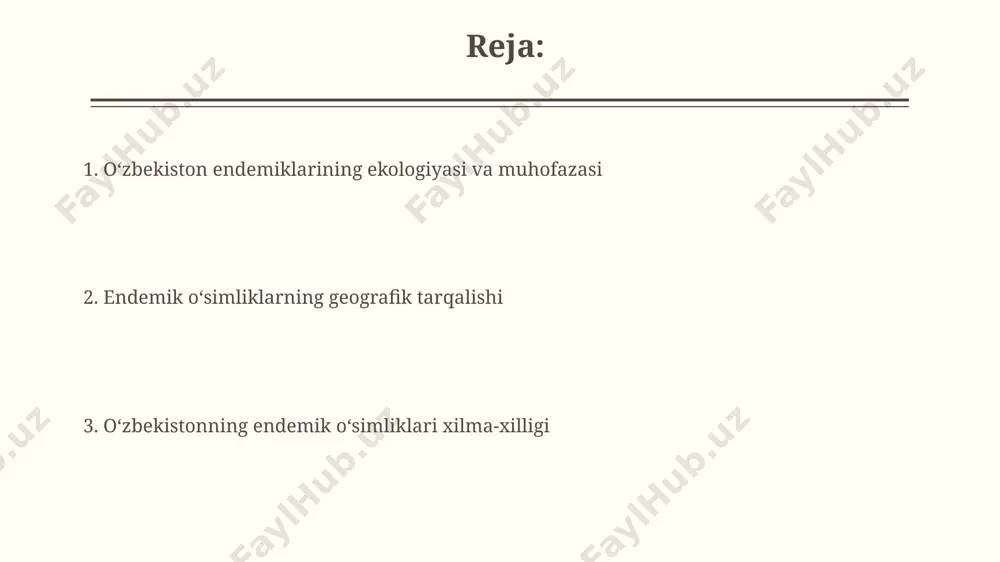 mliklarni muhofaza qilish uchun maxsus qoʻriqxonalar tashkil etish va ularning biologik xilma-xilligini saqlashga qaratilgan dasturlar ishlab chiqilmoqda. chotqol va qashqadaryo viloyatlaridagi 30 ga yaqin endemik oʻsimlik turini himoya qilish maqsadida, ularning tabiiy yashash joylarini tiklashga yoʻnaltirilgan 5 yillik dastur doirasida urugʻlarni yigʻish va koʻpaytirish ishlari amalga oshirilmoqda. oʻzbekistonning endemik florasi haqida umumiy maʼlumot toshkent viloyatining chimgan togʻlarida va qashqadaryo viloyatining qarshi choʻllarida turli xil endemik oʻsimliklar, jumladan, 50 dan ortiq turdagi efemeroidlarni uchratish mumkin. pamir-oloy togʻ sistemasining baland togʻli hududlarida, taxminan 3000-4000 metr balandliklarda, 200 ga yaqin endemik oʻsimlik turi, jumladan, noyob astragalus turlari uchraydi. kelajakda endemik florani saqlash boʻyicha strategiya oʻzbekistonning 50 ga yaqin qoʻriqxonalari va milliy bogʻlarida endemik oʻsimliklarning 30% dan ortigʻini muhofaza qilish uchun 2030-yilgacha maxsus dasturlarni ishlab chiqish va amalga oshirish zarur. qashqadaryo va surxondaryo viloyatlaridagi noyob endemik turdagi 100 dan ortiq oʻsimlik populyatsiyasini monitoring qilish va ularning genetik xilma-xilligini saqlash uchun zamonaviy texnologiyalarni joriy etish …