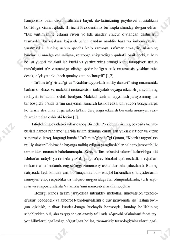 chilik, yo’naltiruvchilik funktsiyasini bajaradi. ta’lim jarayonida o’quvchi-talaba asosiy figuraga aylanadi. shuning uchun ta’lim muassasalarida etuk va barkamol avlodlarni tayyor-lashda zamonaviy o’qitish metodlari-interaktiv metodlar, innovatsion texnologiya-larning o’rni va roli benihoya kattadir. pedogogik texnologiya va pedogogik mahoratiga oid bilim, tajriba va interaktiv metodlar o’quvchi-talabalarni bilimli, etuk malakaga ega bo’lishlarini ta’minlaydi. o’qituvchi bilim olishning yagona manbai bo’lib qolishi kerak emas, balki talabalar mustaqil ishlash jarayonining tashkilotchisi, maslahatchisi, o’quv jara-yonining boshqaruvchisi bo’lishi lozim. kimyo fanidan ta’lim texnologiyasini ish-lab chiqish asosida aynan shu g’oyalar yotadi. kimyo fanini umumtalim maktablarida (o’quvchi-talabalarga) o’qitishda na-zariy bilimlar bilan birga amaliy mashg’ulotlarni interfaol metodlar bilan o’qitish ijobiy natijalarga olib keladi. kimyo fani tabiiy fanlar qatoriga kiritilsa, “yadro reaktsiyalari” mavzusi fanning nazariy qismini asosini tashkil etuvchi hisoblanadi. bizni o’rab turgan butun borliq asosini atomlar tashkil etadi. talabalarga atomning klassik hamda zamonaviy ta’limotini, atom tuzilishi bo’yicha asosiy qonunlarni, radioaktivlik to’g’risida tushuncha berish muhim ahamiyatni kasb etadi. fanning qolgan mavzularini yaxshi o’zlashtirishiga zamin …